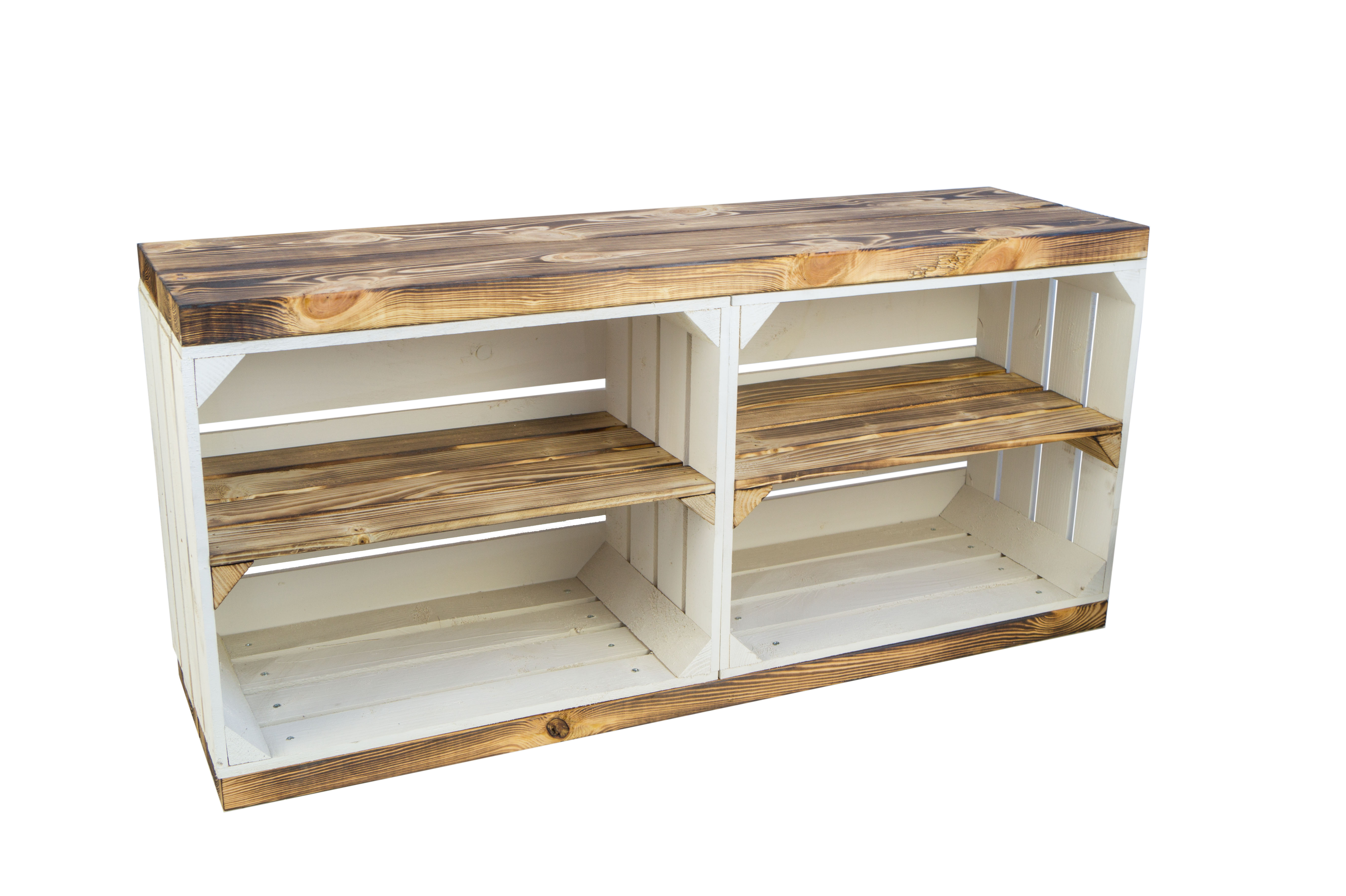 Banc blanc avec assise en planches de bois épaisses flammées avec planche centrale flammée