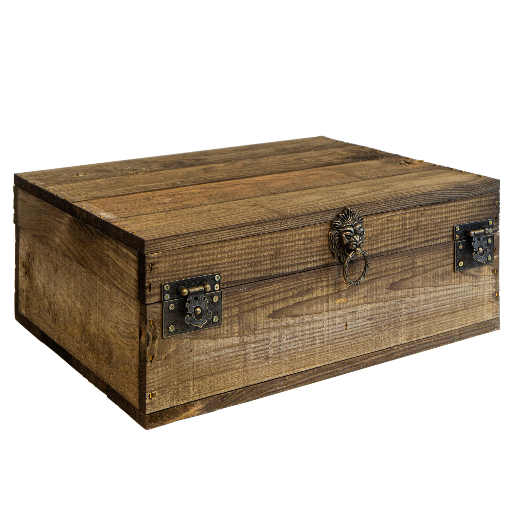 Rustikale Holztruhe mit Löwenkopfgriff – 40 x 30 x 16 cm | Schatztruhe aus Massivholz