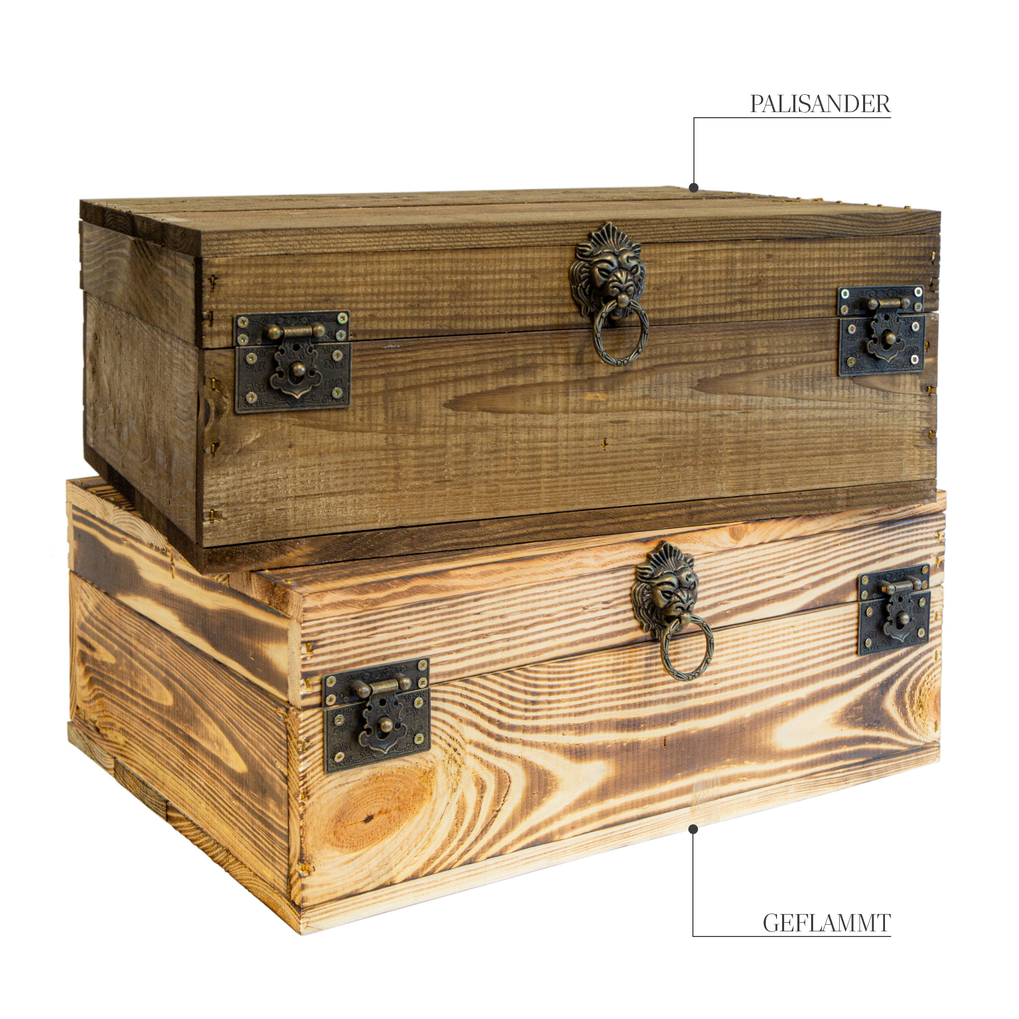 Rustikale Holztruhe mit Löwenkopfgriff – 40 x 30 x 16 cm | Schatztruhe aus Massivholz Palisander