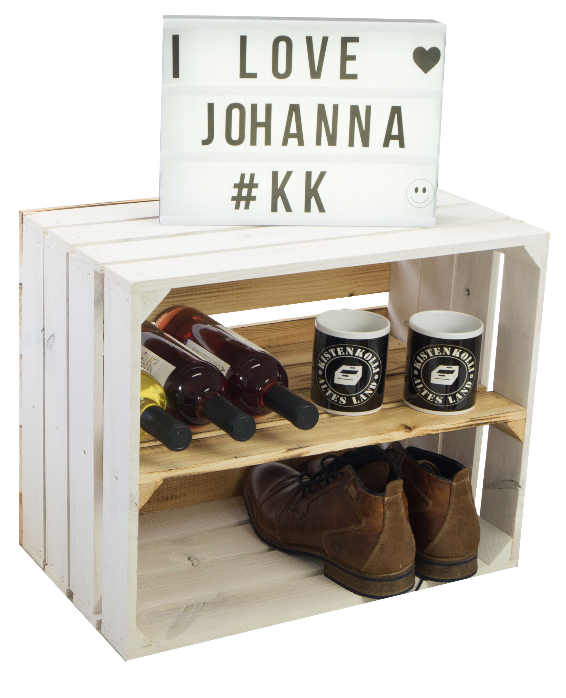 Obstkiste "Johanna" weiß mit geflammten Boden  mit Mittelbrett geflammt LÄNGS