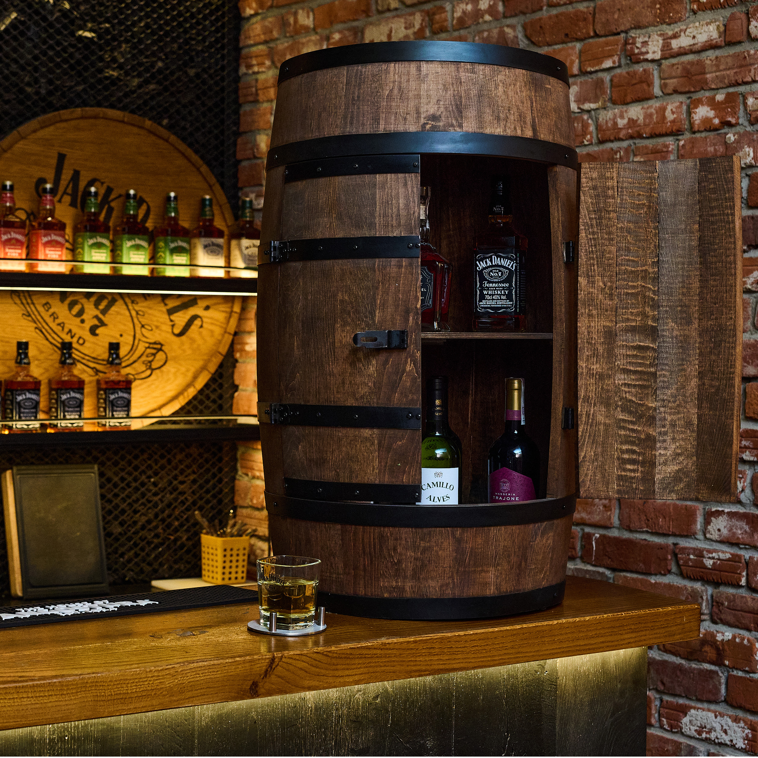 Holzfass mit Türen in Farbton Wenge Hausbar mit LED  – Weinregal & Flaschenständer, Bar oder Partykeller – ca. 80 cm Ohne LED