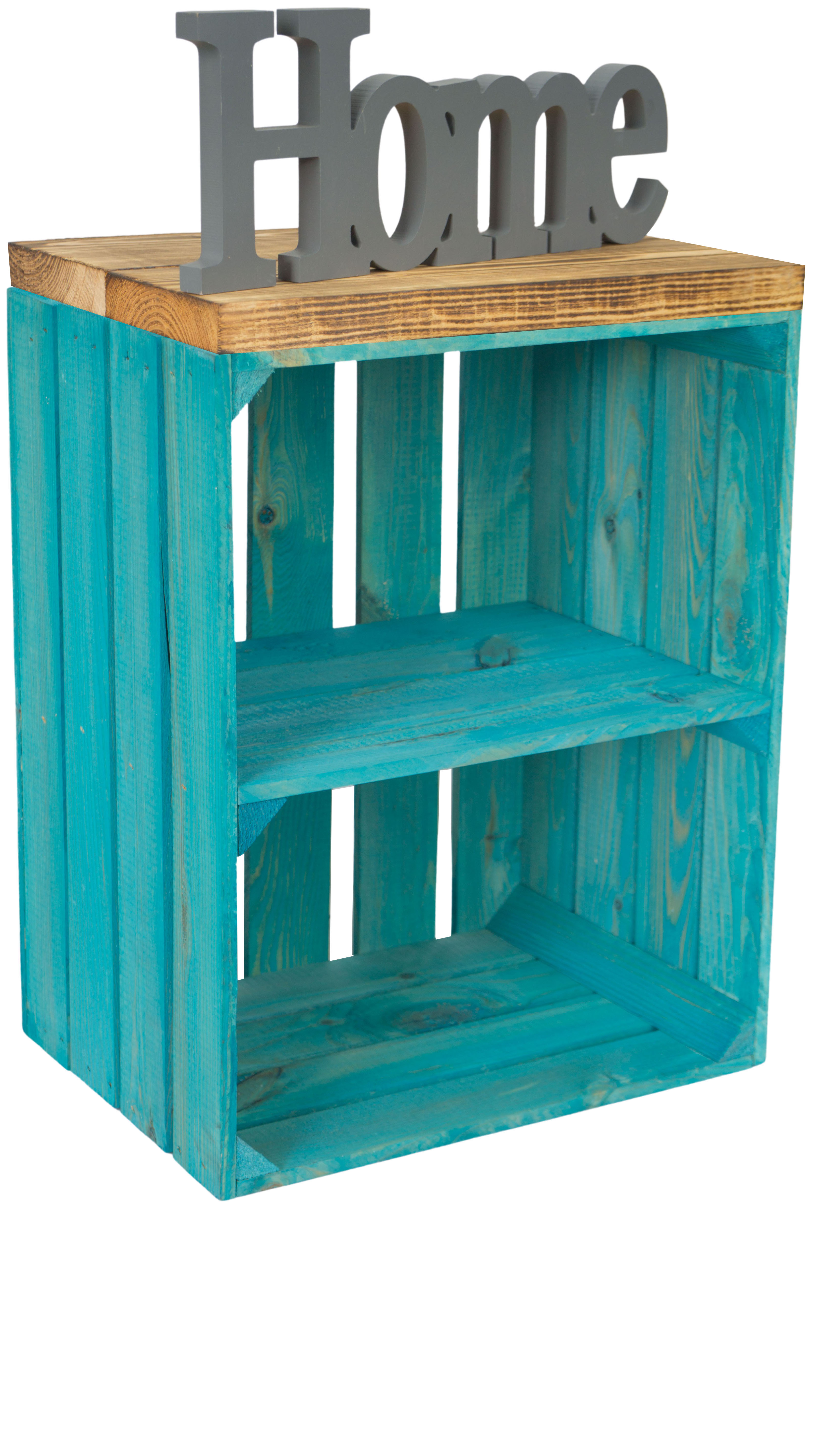 Coffre à siège Johanna turquoise siège transversal planches épaisses de bois flammé