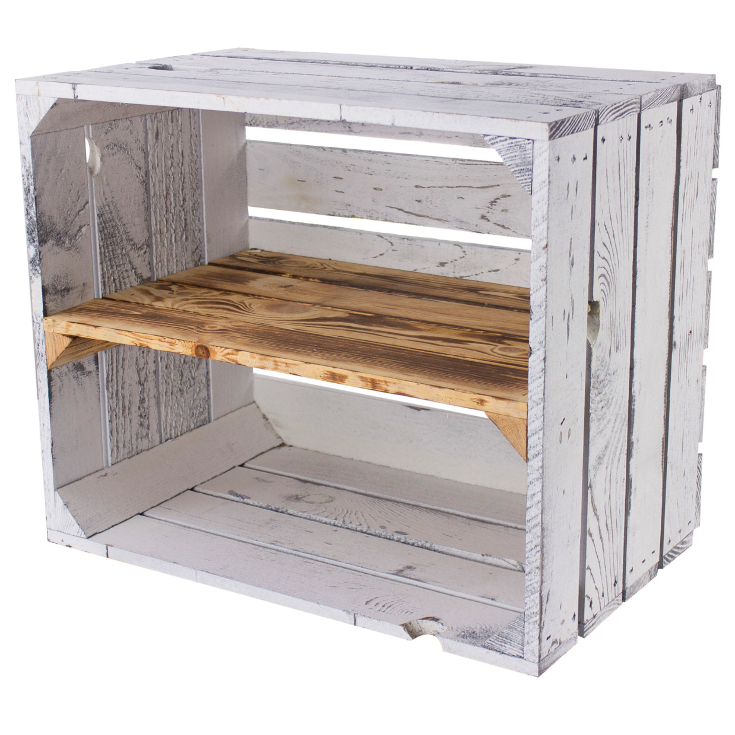 Massive Schuh- Bücherregalkiste Obstkiste Weinkiste Maße ca 50 x 40 x 31cm Weinkisten Dekokiste Regal (Shabby weiss Mittelbrett geflammt längs)