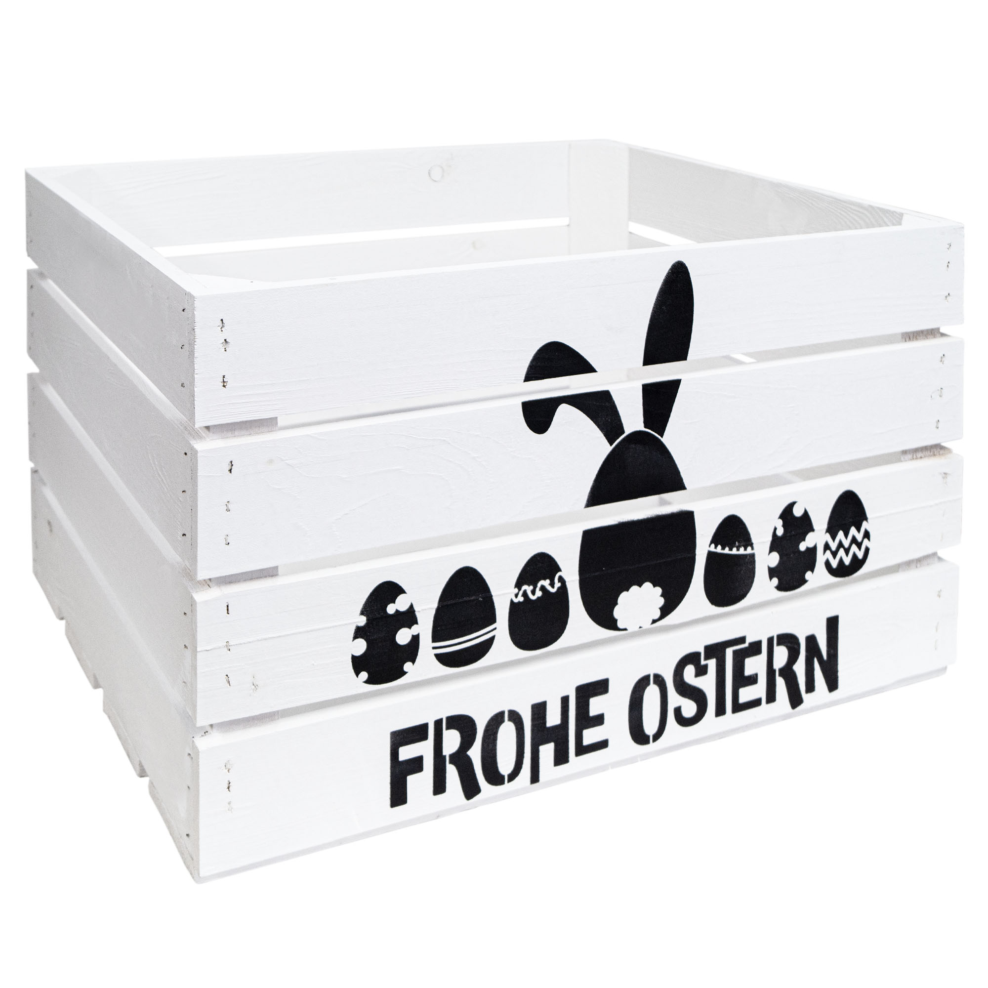 Holzkiste mit Ostermotiv  Frohe Ostern (Hase und Eier)  50 x 40 x 30 cm