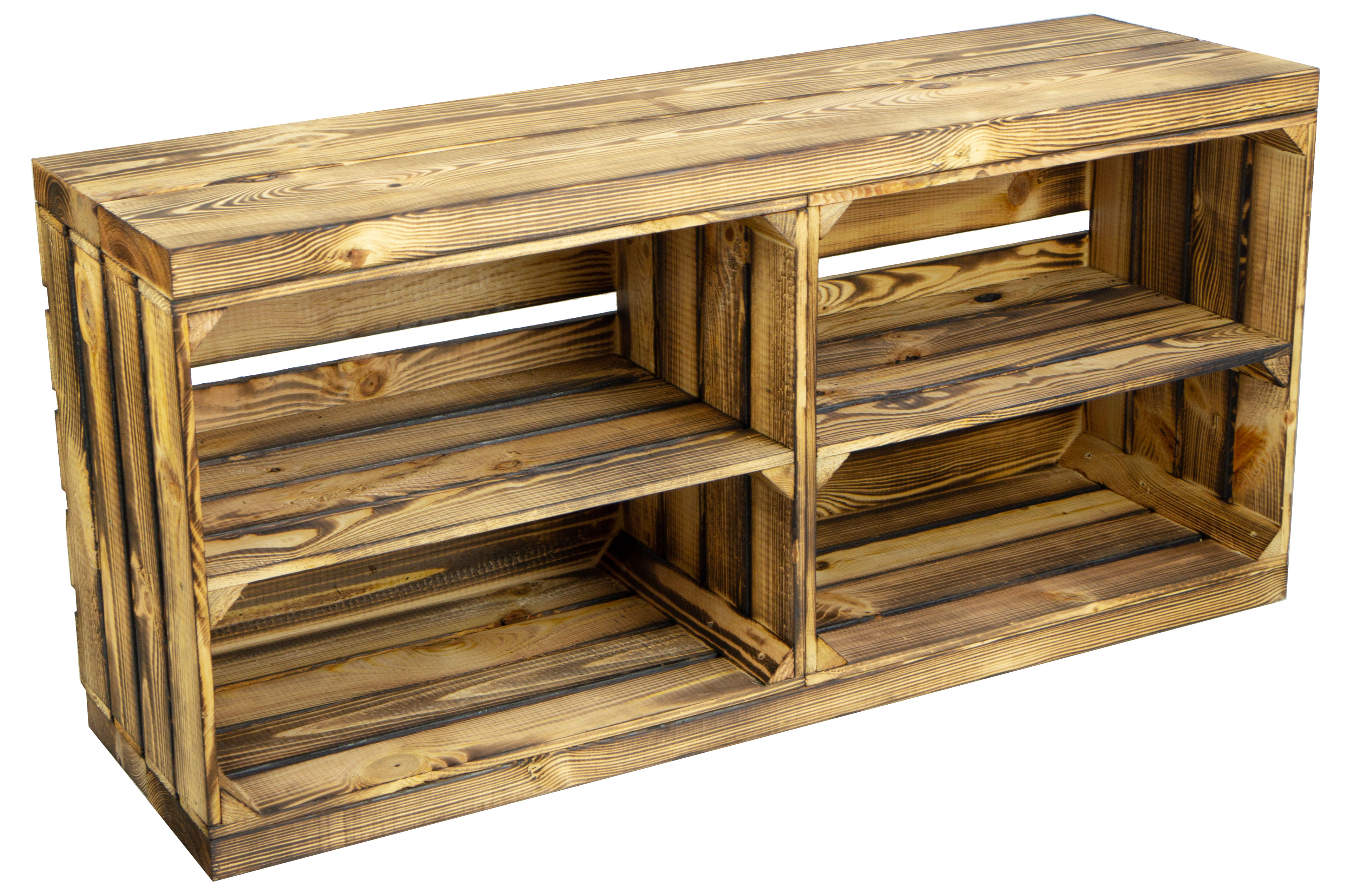 Banc flammé avec siège en planches de bois épaisses flammées avec planche centrale flammée