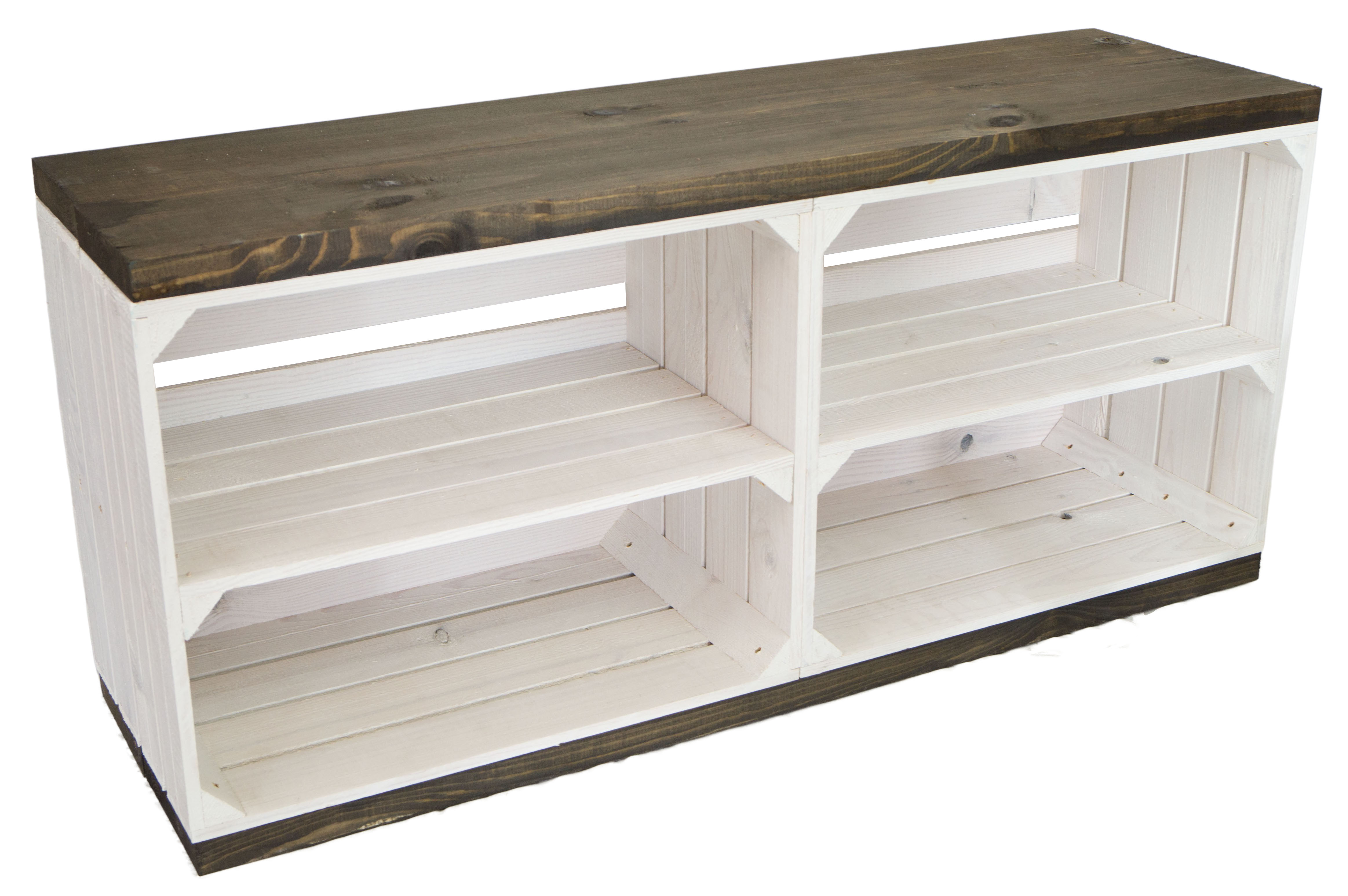 Banc blanc avec siège en planches épaisses de bois noir