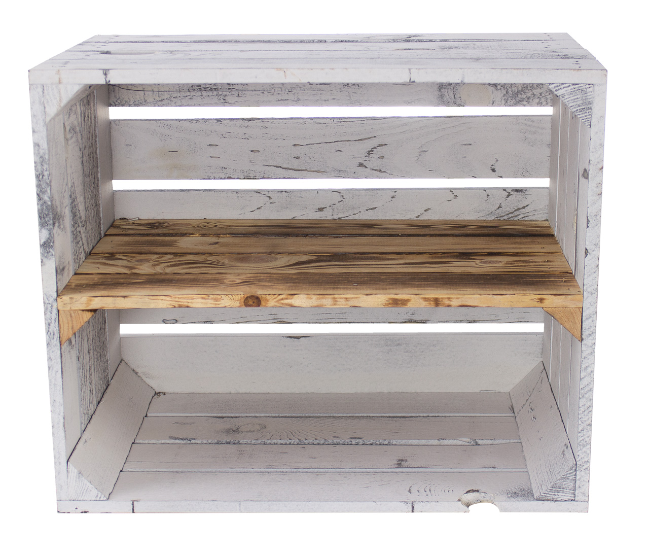 Massive Schuh- Bücherregalkiste Obstkiste Weinkiste Maße ca 50 x 40 x 31cm Weinkisten Dekokiste Regal (Shabby weiss Mittelbrett geflammt längs)