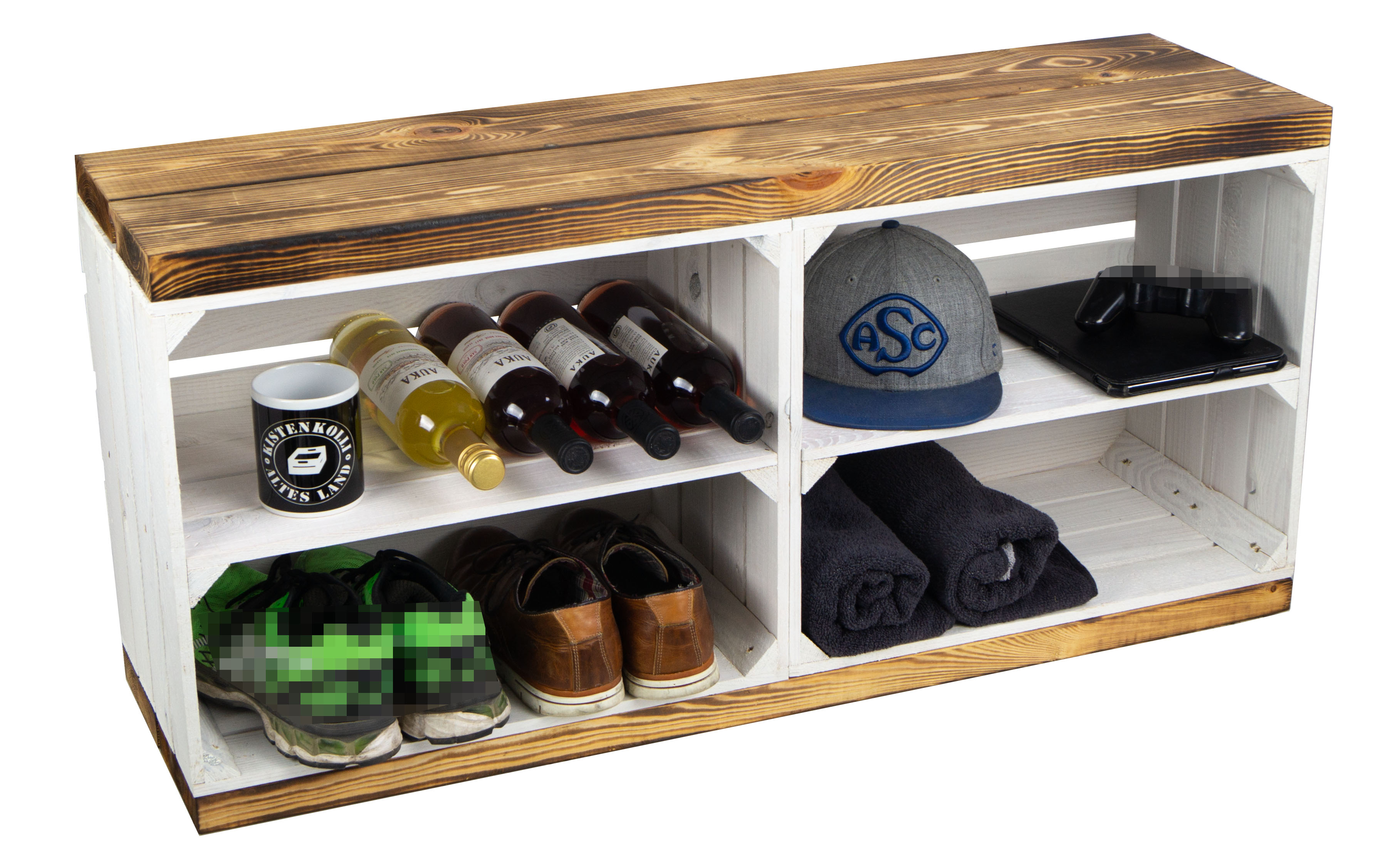 Sitzbank weiss  mit Sitzfläche aus dicken Holzplanken geflammt mit Mittelbrett weiss