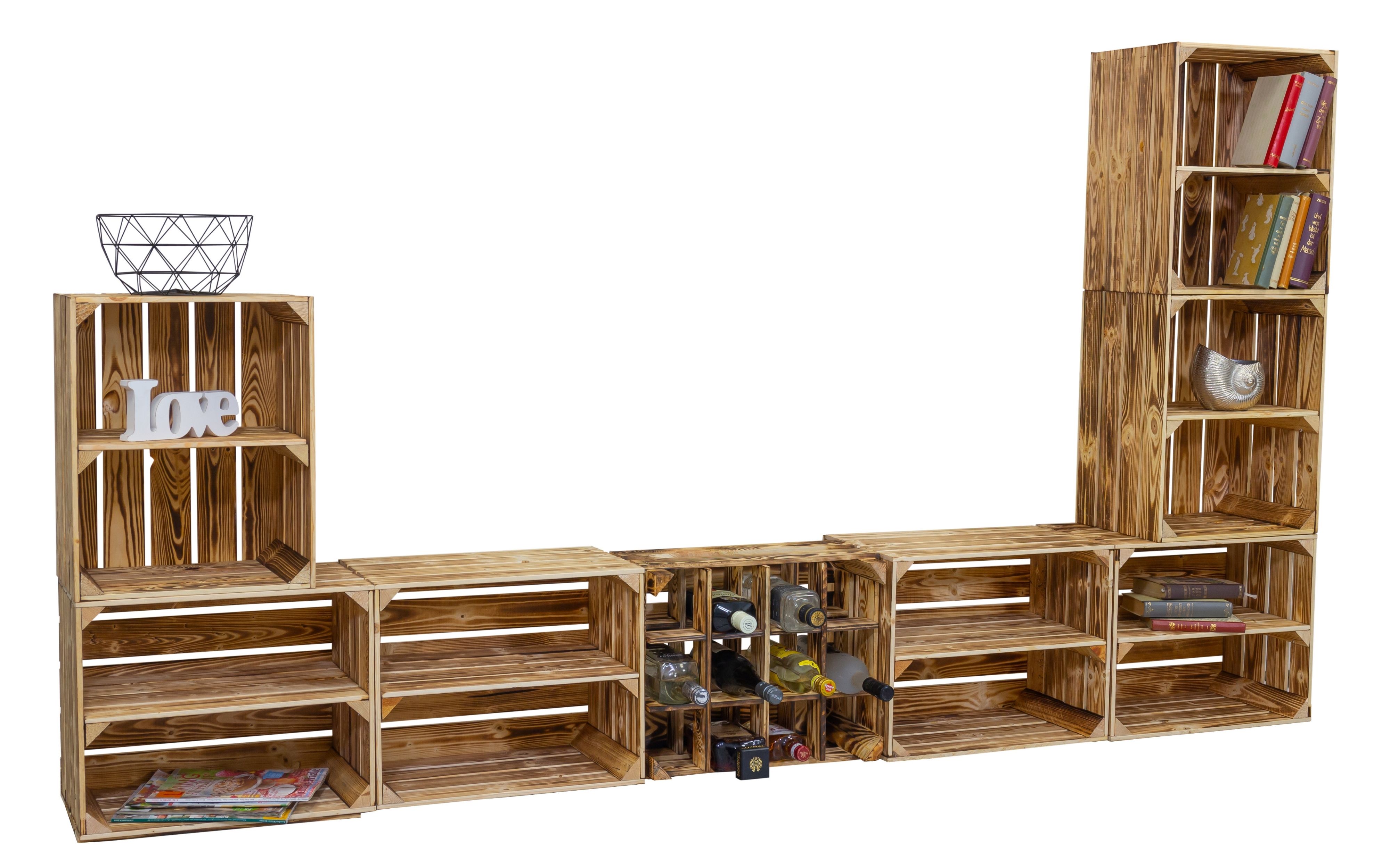 Wohnwand "Paris" mit TV Board und Kombiregalen (Geflammt)