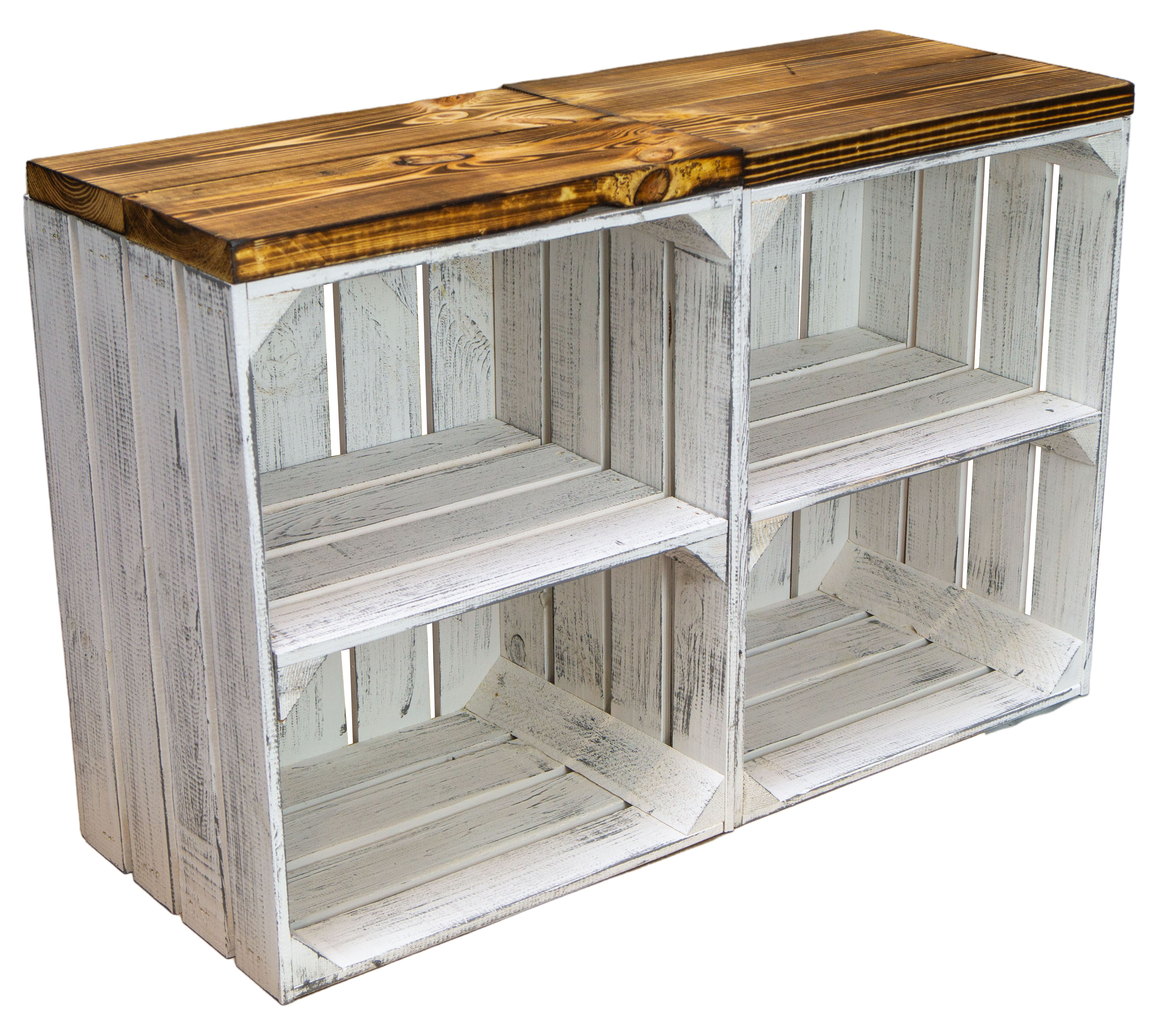 Sitzkiste Anna shabby weiss Quer Sitzfläche aus dicken geflammten Holzplanken
