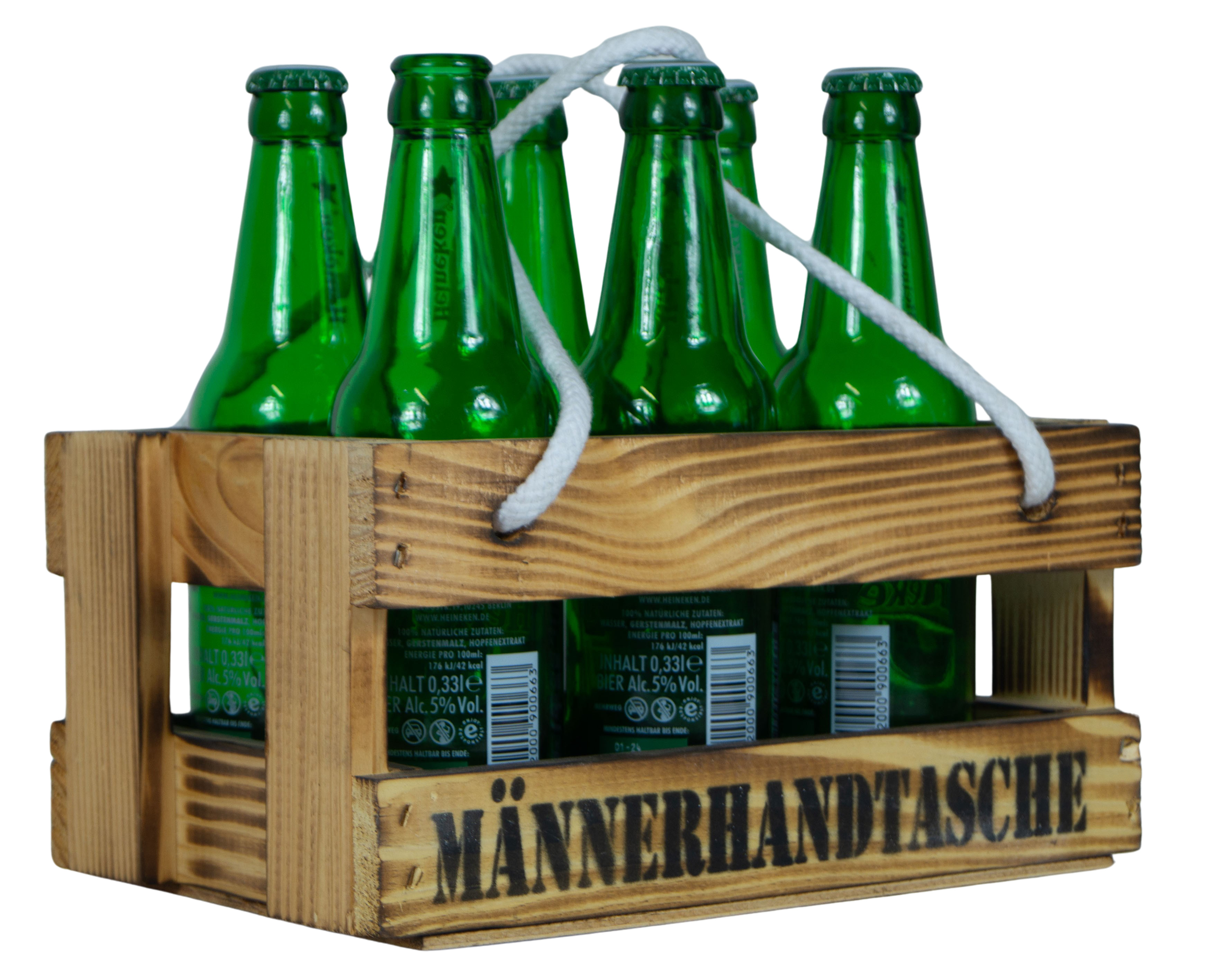 Holzkiste mit Griffbändern "Männerhandtasche" in geflammt mit Platz für bis zu 6 Getränke Bierkiste Bierträger Flaschenkiste