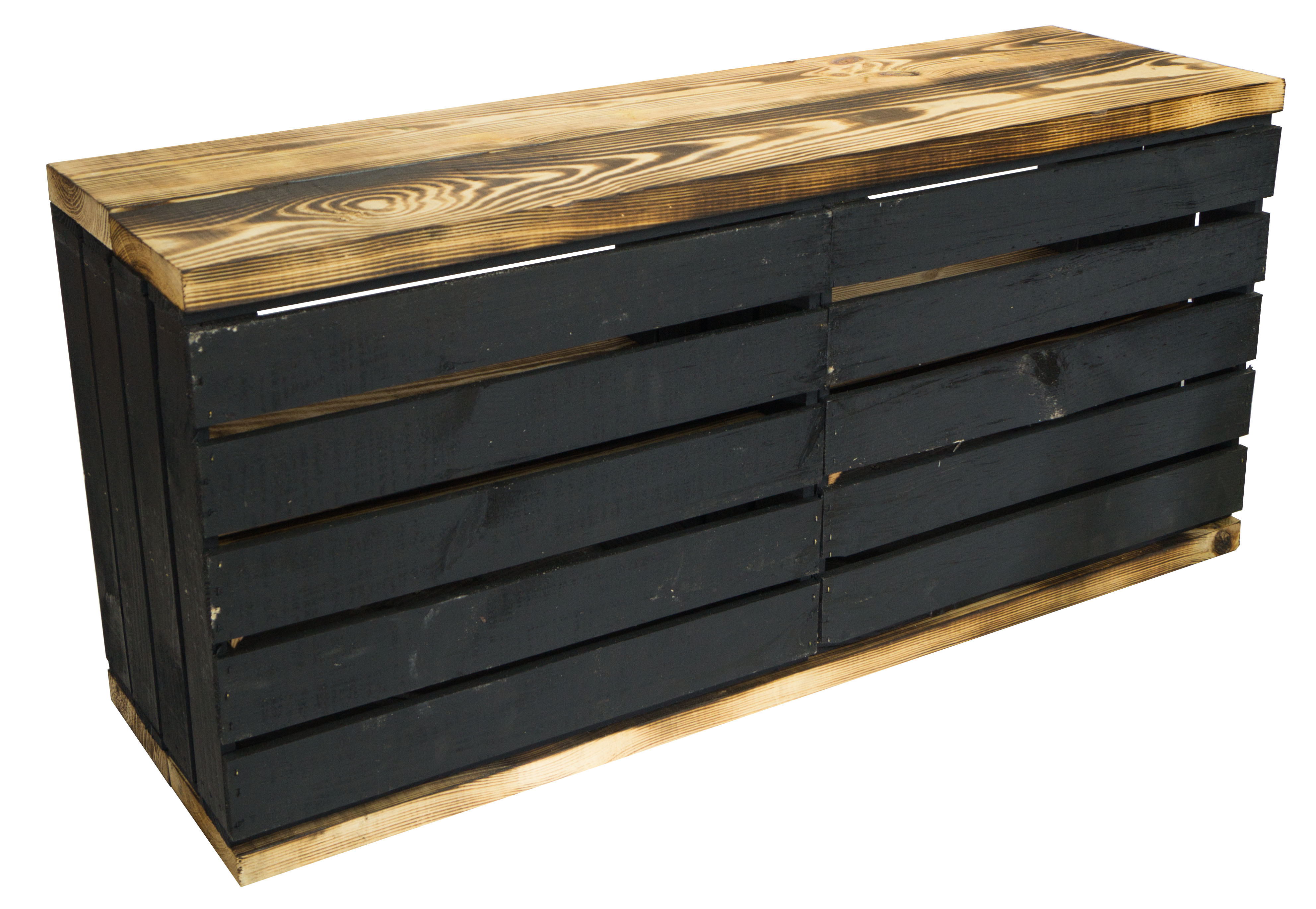Banc noir avec assise en planches de bois épaisses flammées avec planche centrale flammée