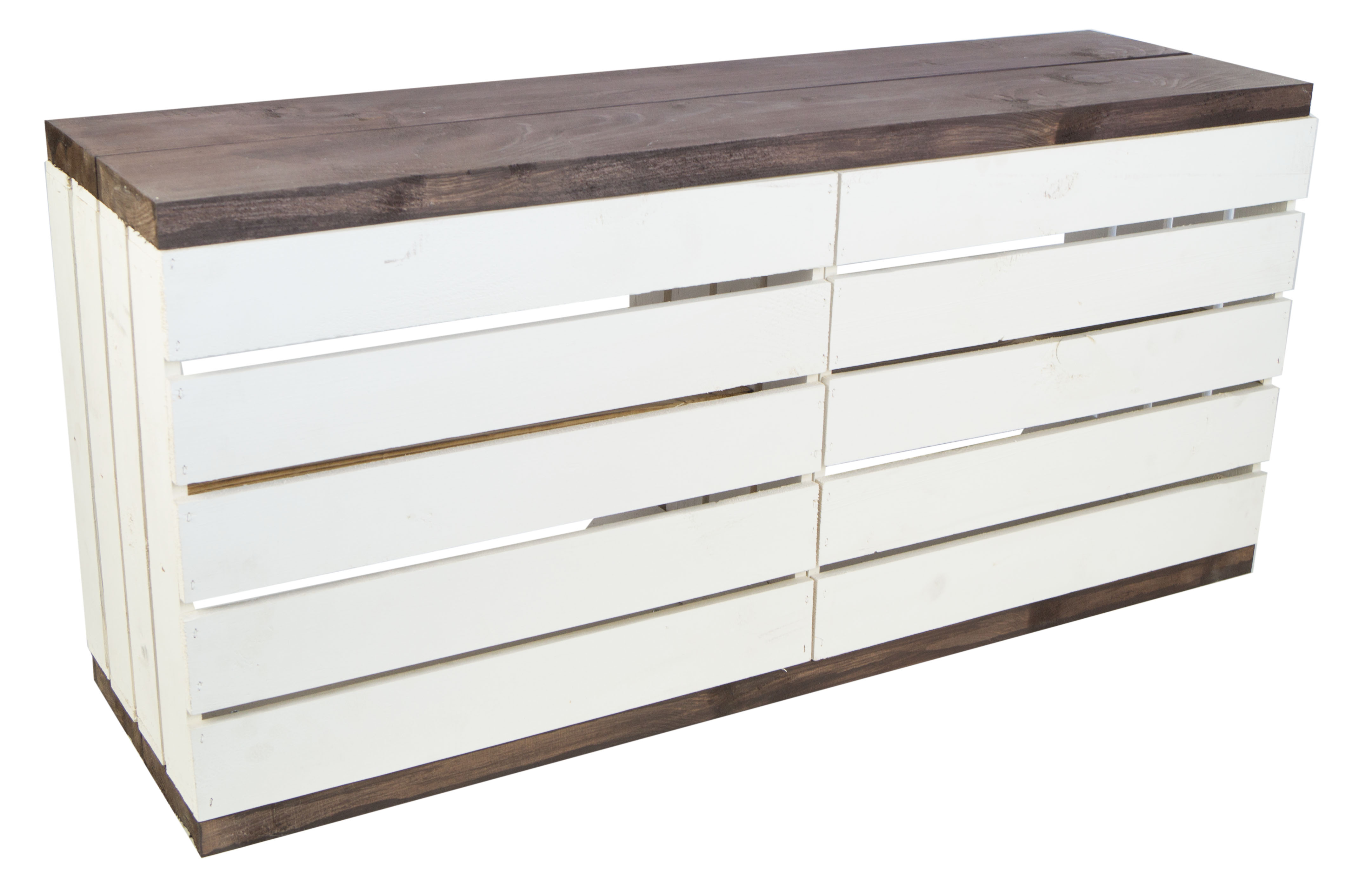 Banc blanc avec assise en planches épaisses de palissandre ; planches centrales flammées
