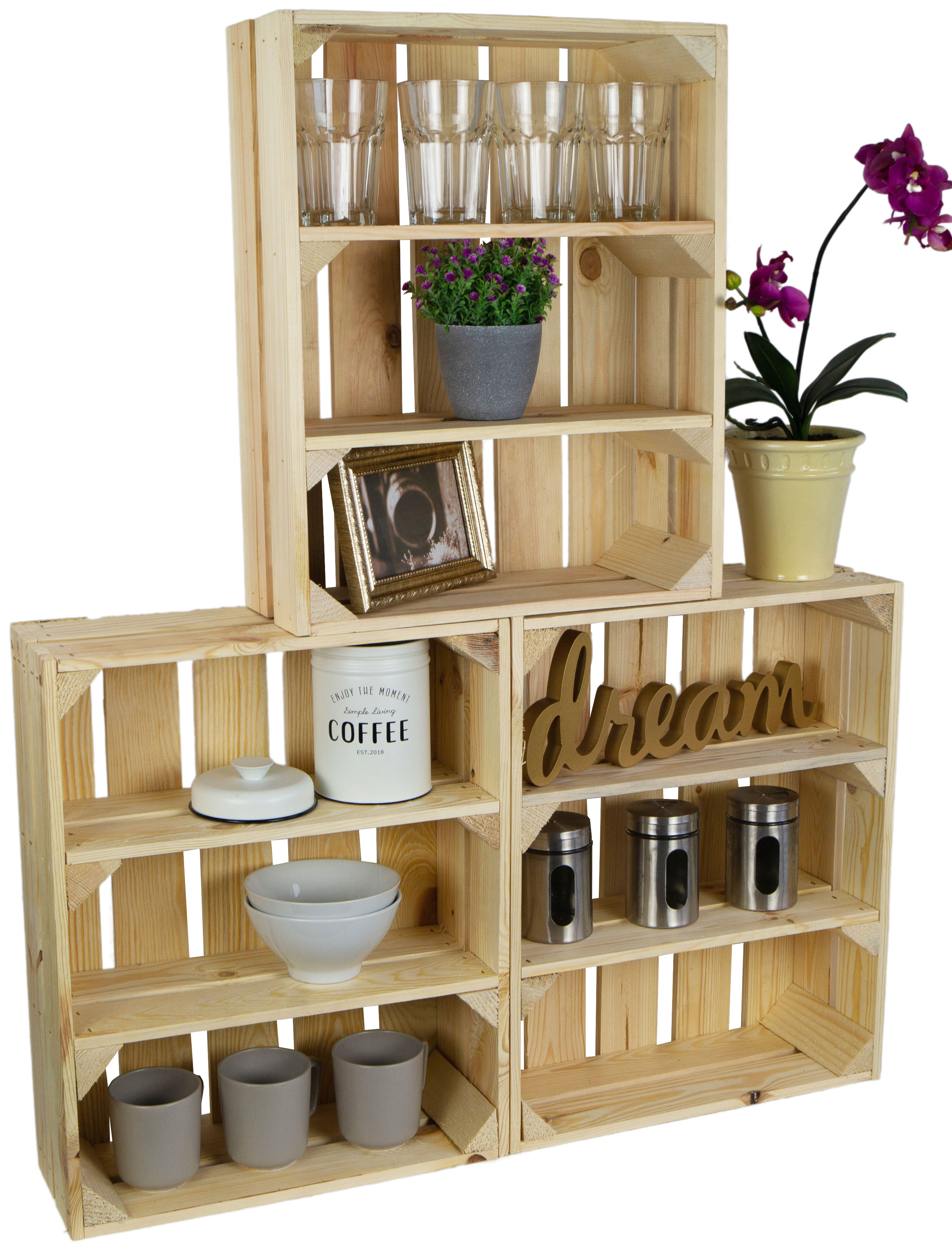 3er Set flaches Obstkistenregal Wilma Natur Gewürzregal Aufbewahrungskiste Wandregal Weinkiste Obstk