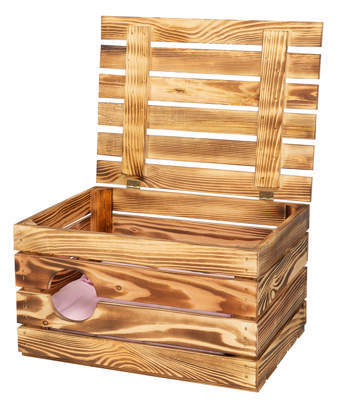 Katzenhöhle in geflammtem Holz mit Kissen 50x40x30cm