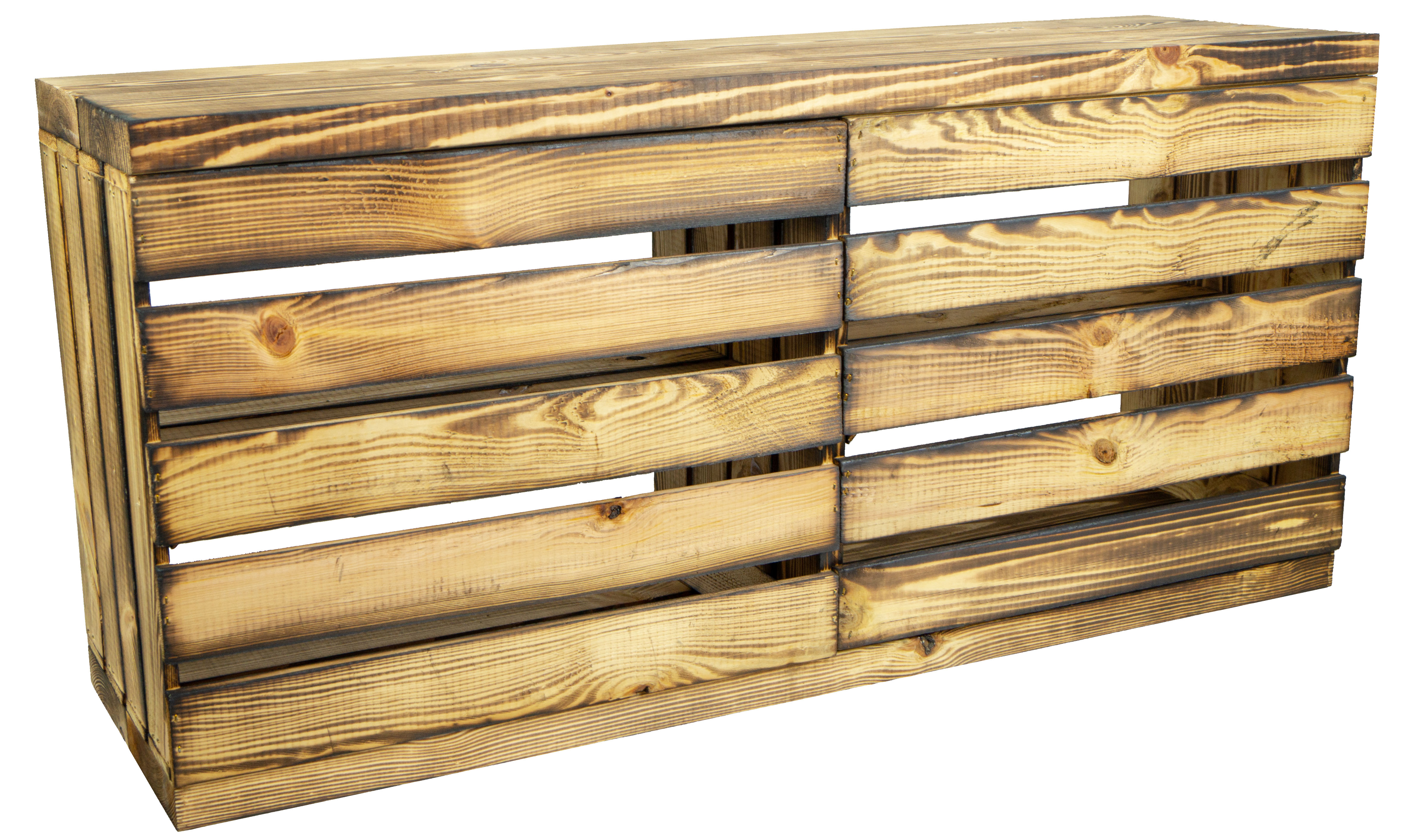 Banc flammé avec siège en planches de bois épaisses flammées avec planche centrale flammée