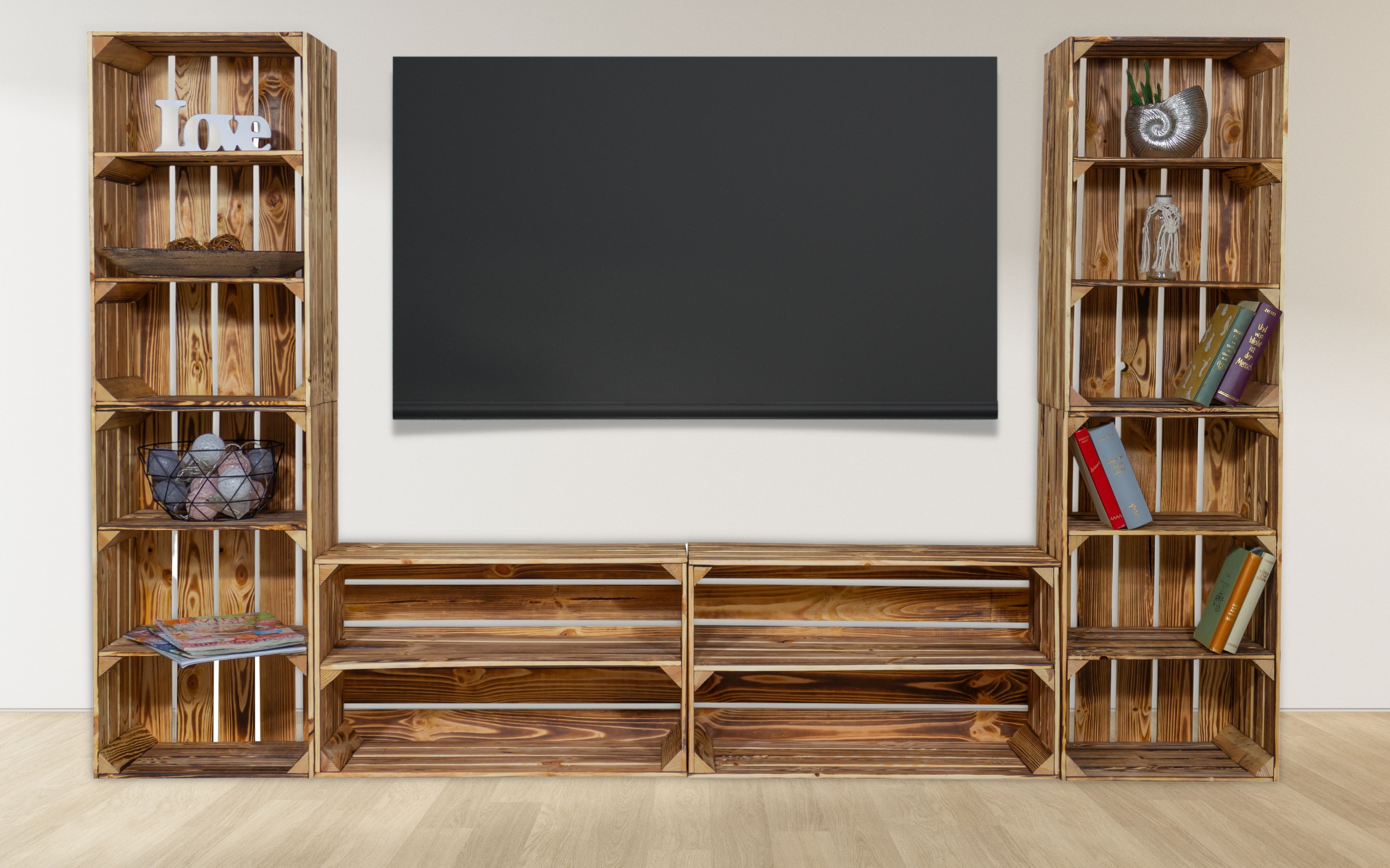 tv-Board Steven avec caisses à étagères hautes Lowboard tv Wand Meuble TV en bois (flammé)