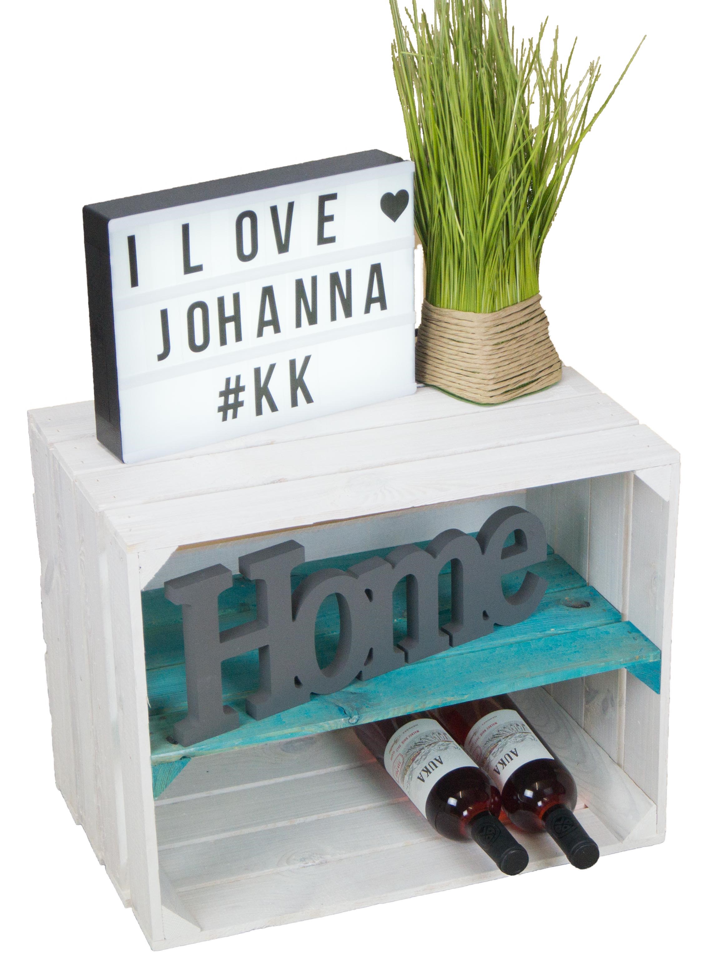 Regalkiste Johanna weiß lasiert mit türkisem Längsbrett