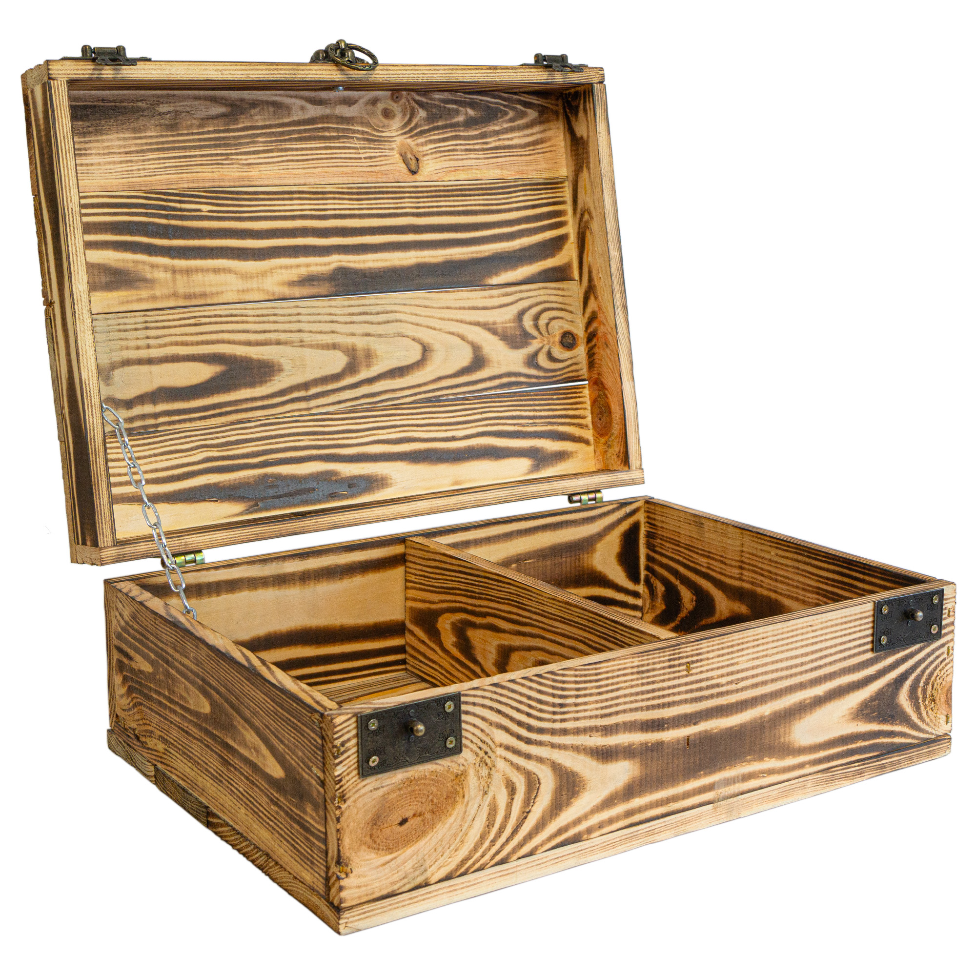 Rustikale Holztruhe mit Löwenkopfgriff – 40 x 30 x 16 cm | Schatztruhe aus Massivholz Geflammt