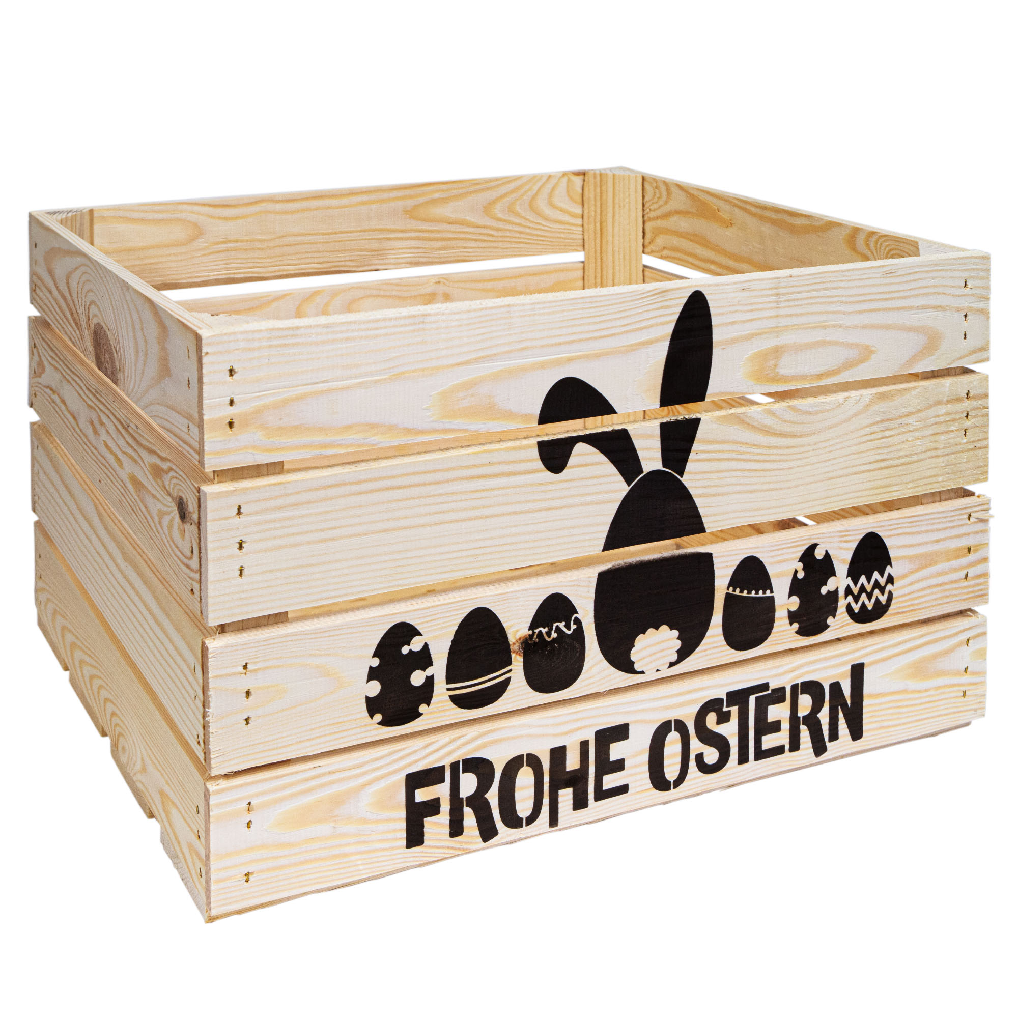Holzkiste mit Ostermotiv  Frohe Ostern (Hase und Eier)  50 x 40 x 30 cm