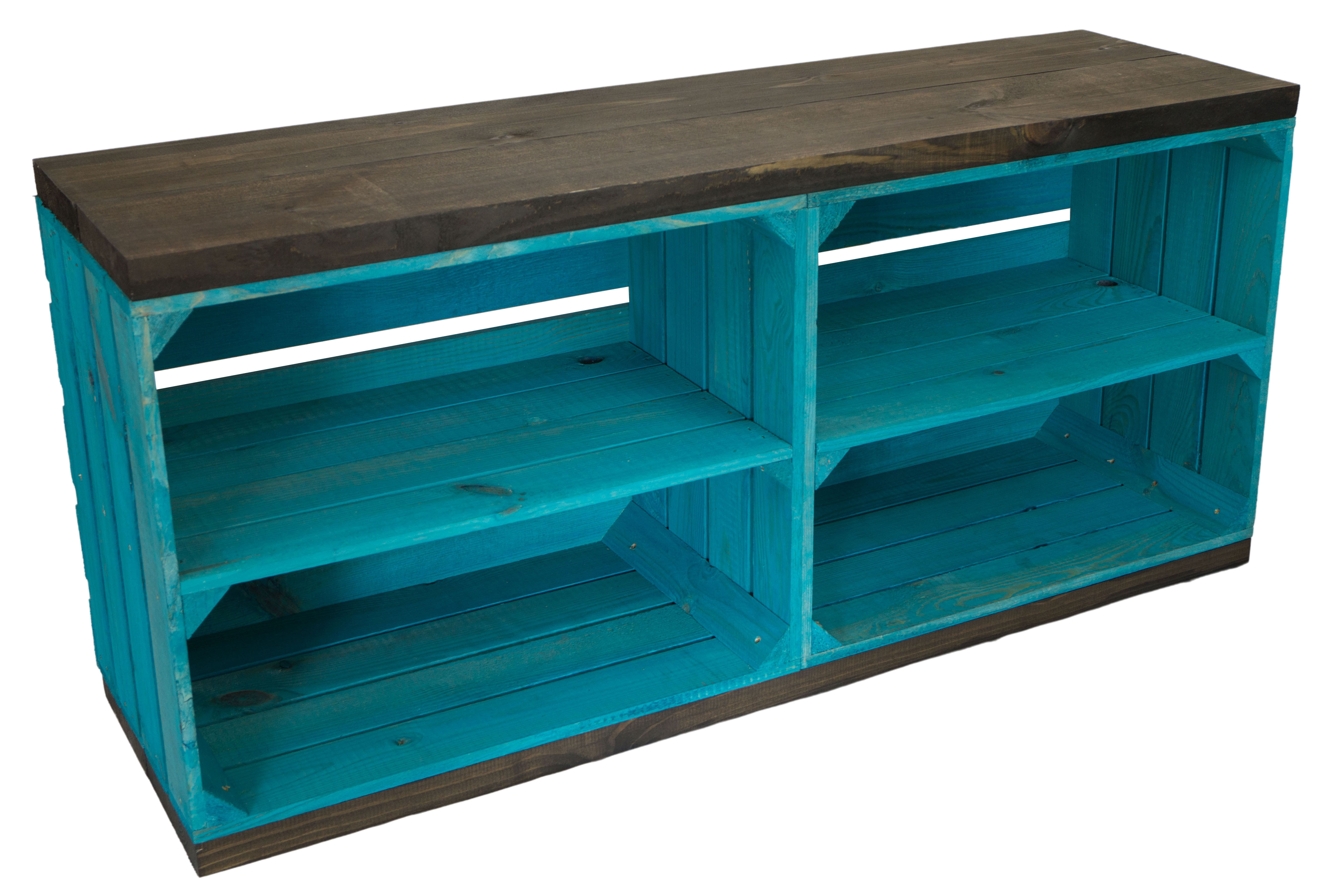 Banc turquoise avec siège en planches épaisses de bois noir