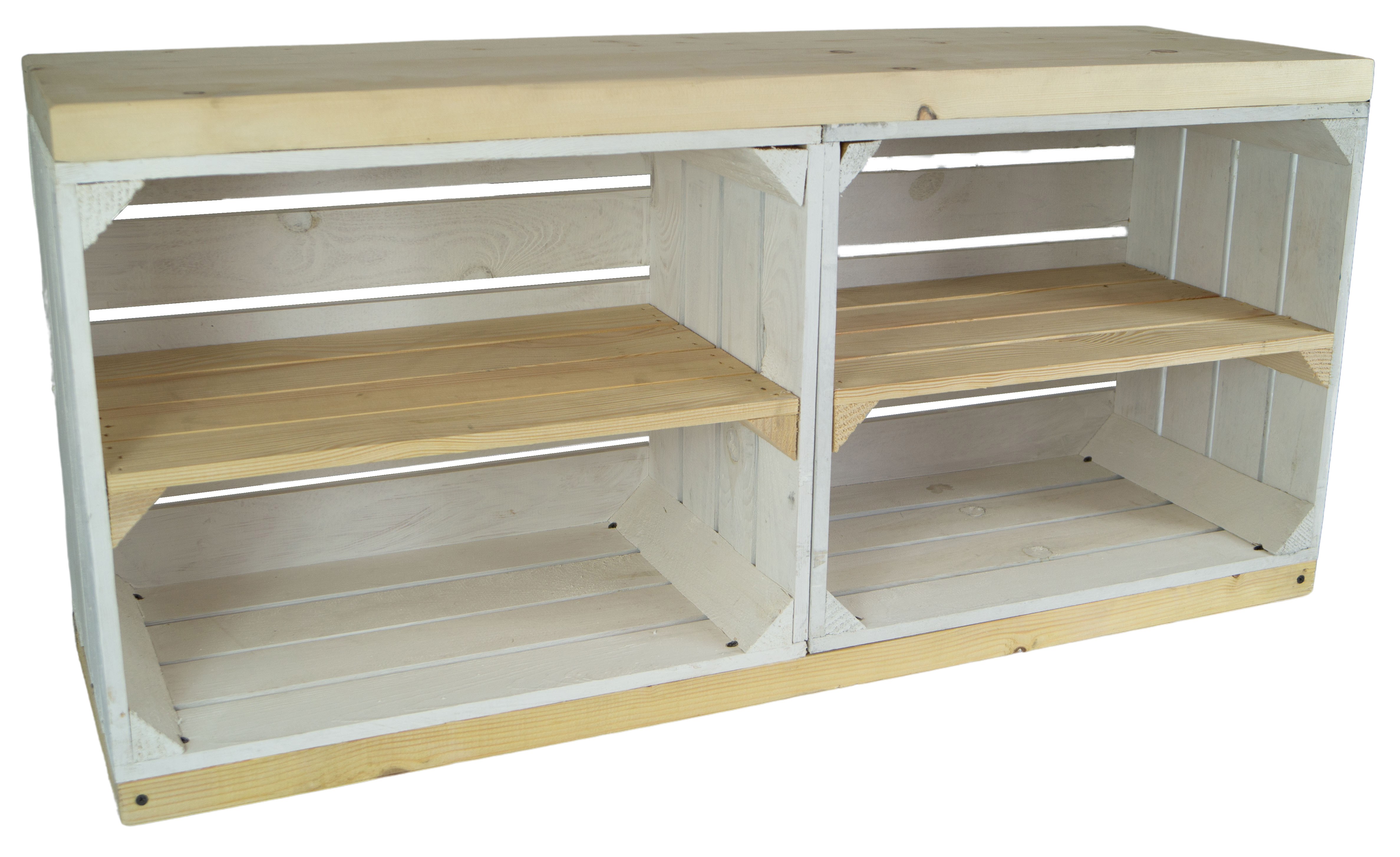 Sitzbank weiss mit Sitzfläche aus dicken Holzplanken Natur mit Mittelbrett Natur