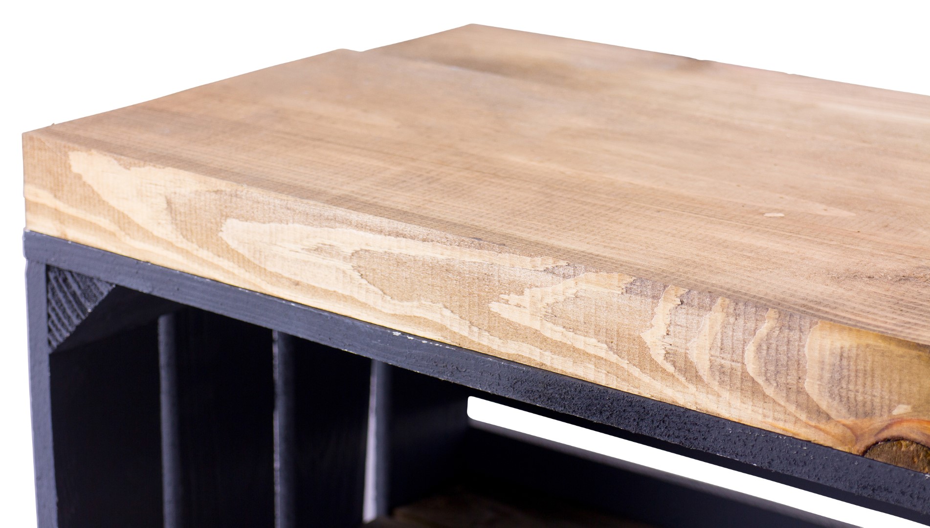 Sitzbank schwarz mit Sitzfläche aus dicken Holzplanken Palisandert mit Mittelbrett Palisander
