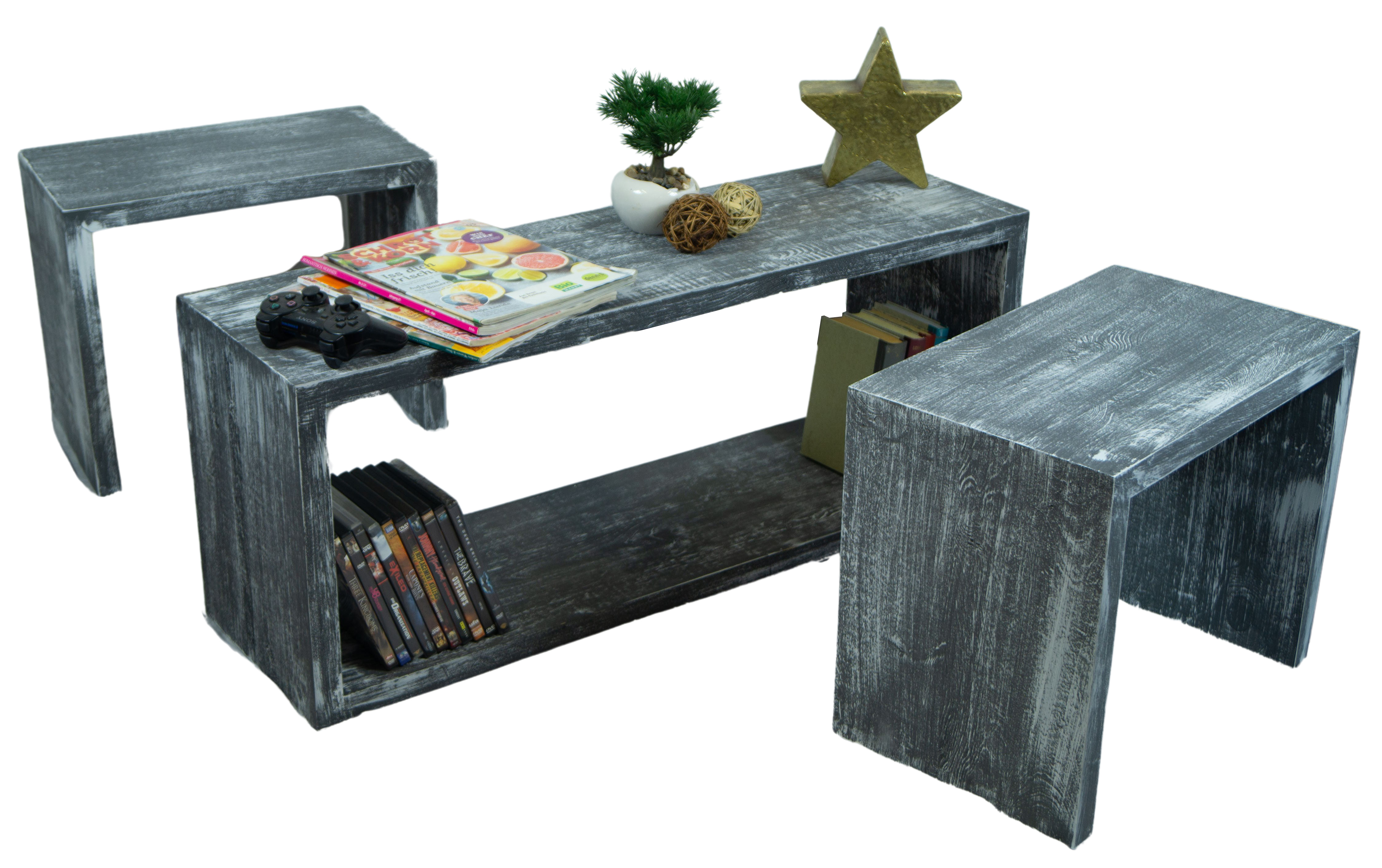2er Set Beistelltisch 50x40x30cm Sitzhocker in shabby schwarz