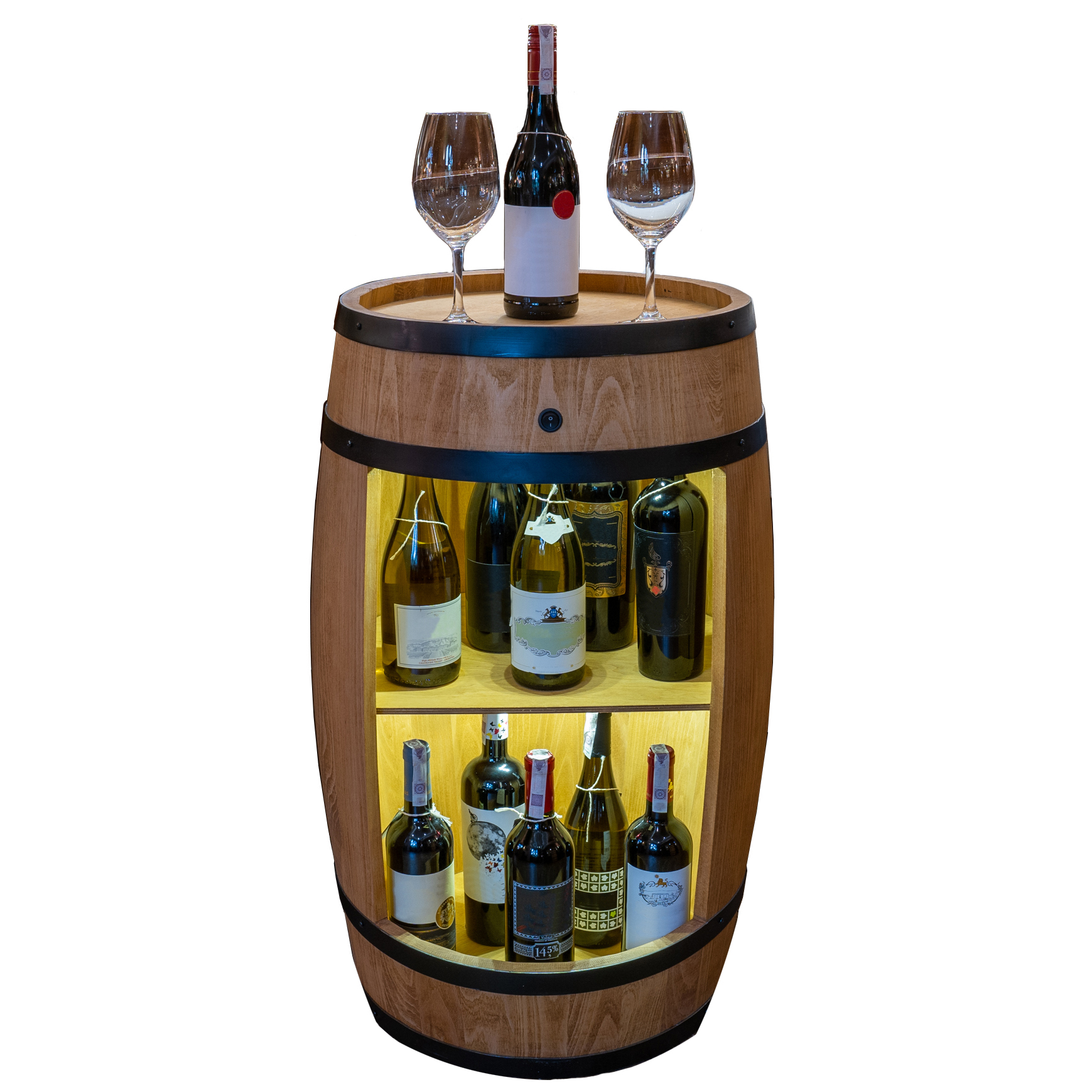 Holzfass in heller Eichenoptik Hausbar mit LED – Rustikale Minibar im Weinfass Design – Weinregal & Flaschenständer aus Holz – Vintage Fassbar für Wohnzimmer, Bar oder Partykeller – ca. 80 cm LED Einfarbig
