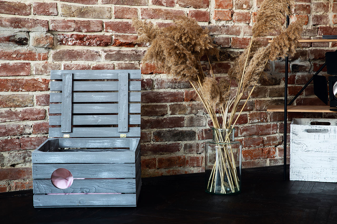 Große Katzenhöhle Shabby Schwarz Holz ohne Kissen 60x45x35cm