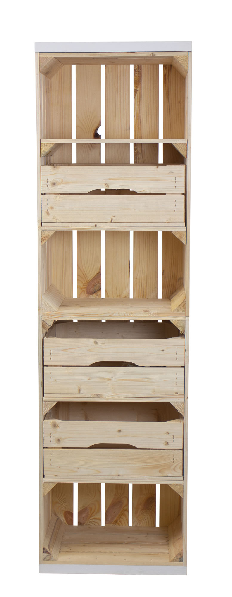 Regal aus 2 hellen Obstkisten mit 3 Schubladen Bohlenbrettern in weiß auf Rollen 135x50x30cm