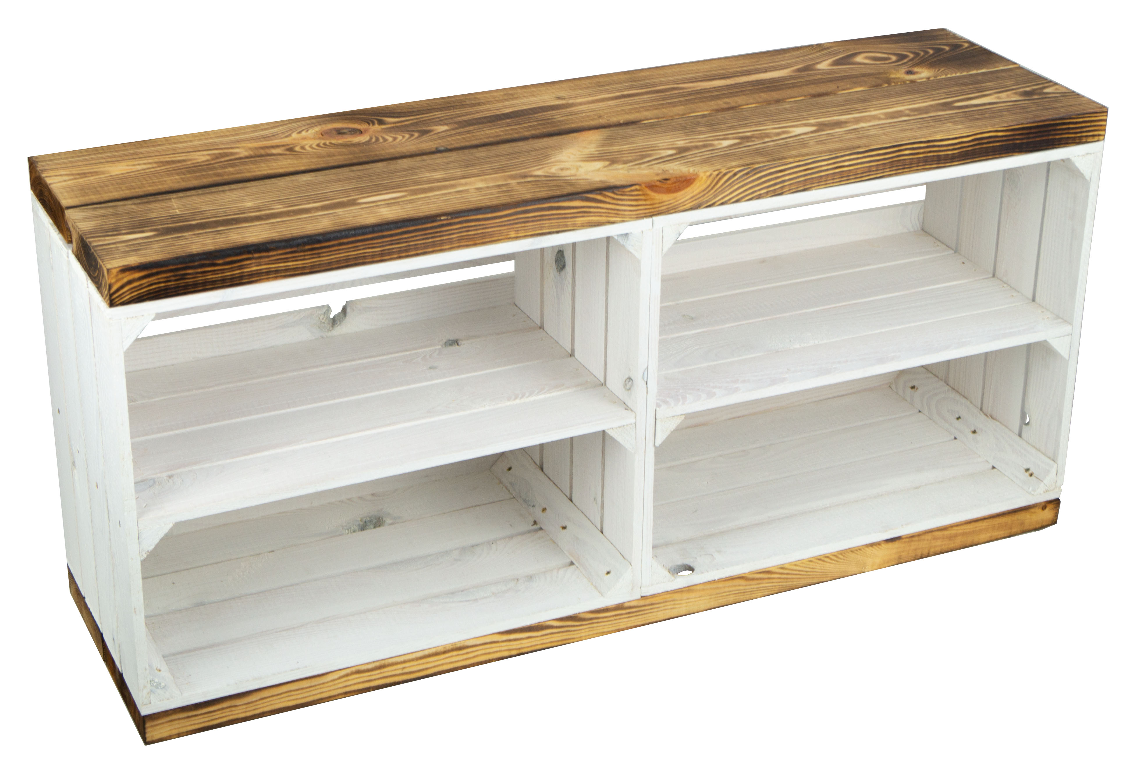 Banc blanc avec assise en planches de bois épaisses flammées avec planche centrale blanche