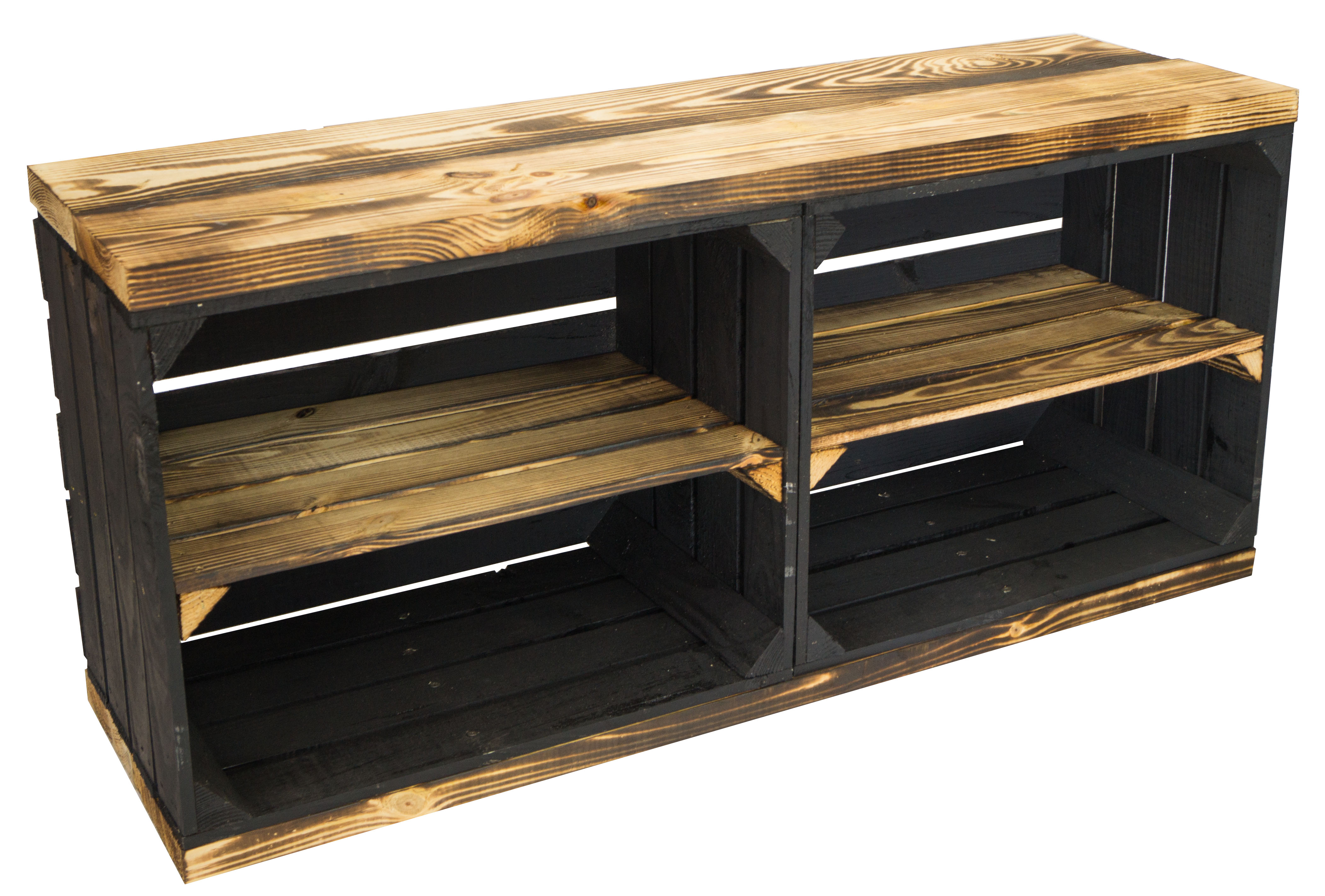Banc noir avec assise en planches de bois épaisses flammées avec planche centrale flammée
