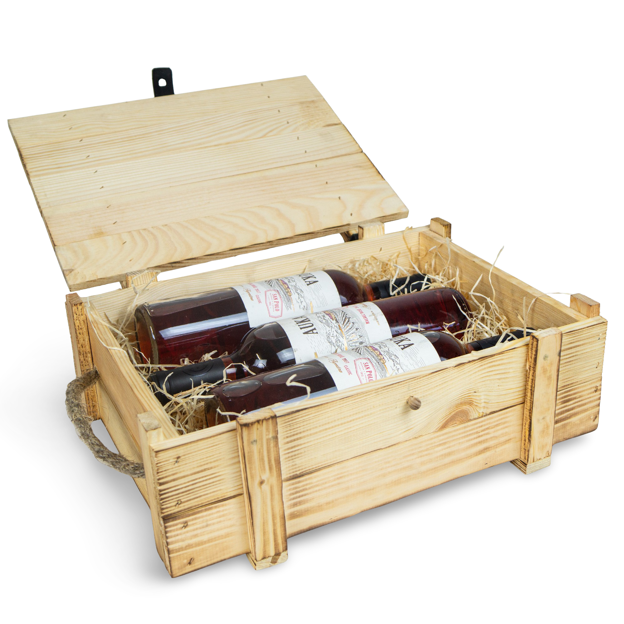 Caisse à Vin 3er Flammé Incl. Laine de Bois Weinbox Boîte à Cadeau