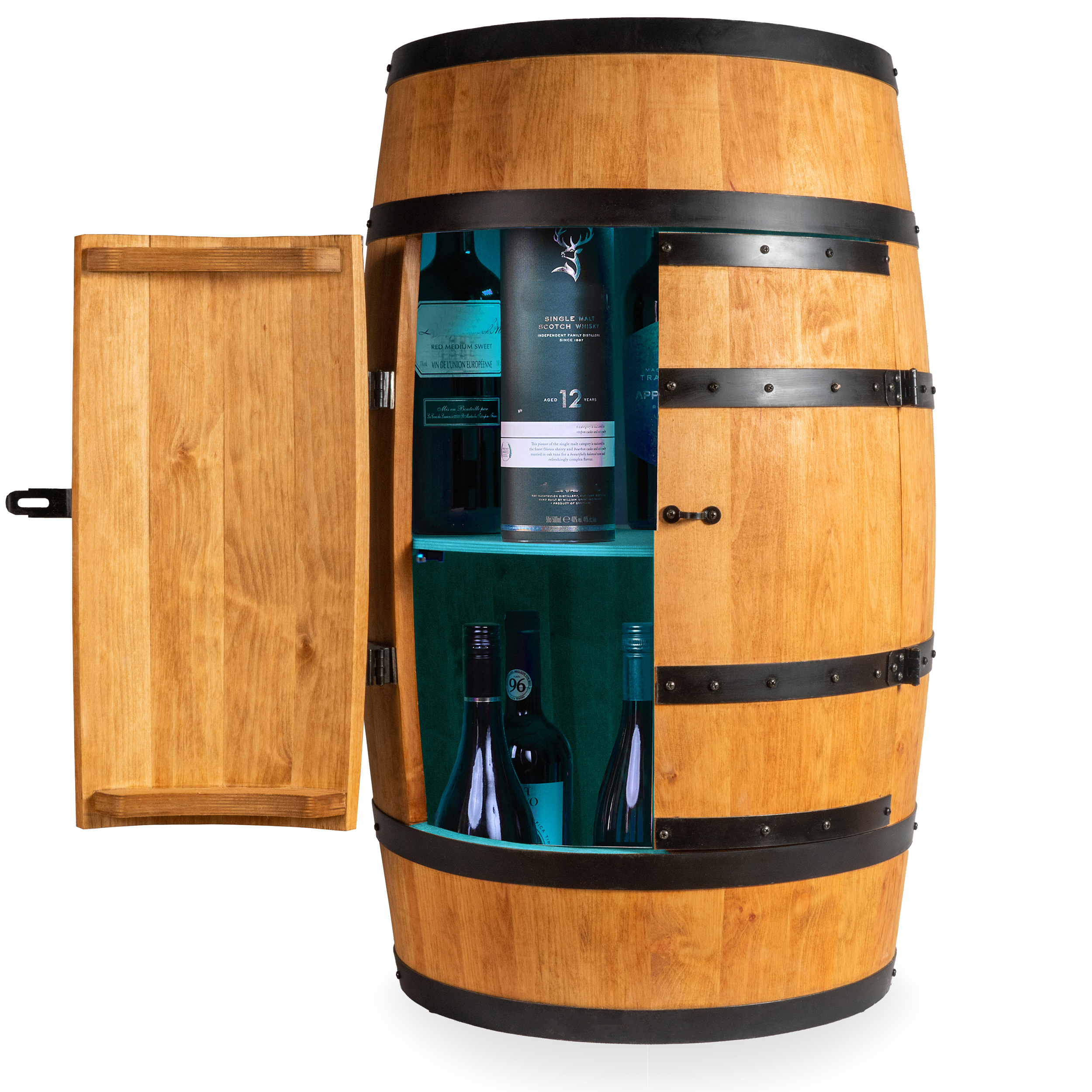 Holzfass mit Türen in heller Eichenoptik Hausbar mit LED – Rustikale Minibar im Weinfass Design – Weinregal & Flaschenständer aus Holz – Vintage Fassbar für Wohnzimmer, Bar oder Partykeller – ca. 80 cm #1 LED Mehrfarbig