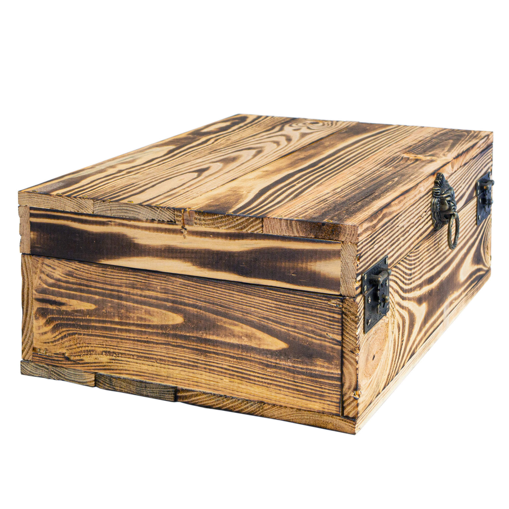 Rustikale Holztruhe mit Löwenkopfgriff – 40 x 30 x 16 cm | Schatztruhe aus Massivholz Geflammt