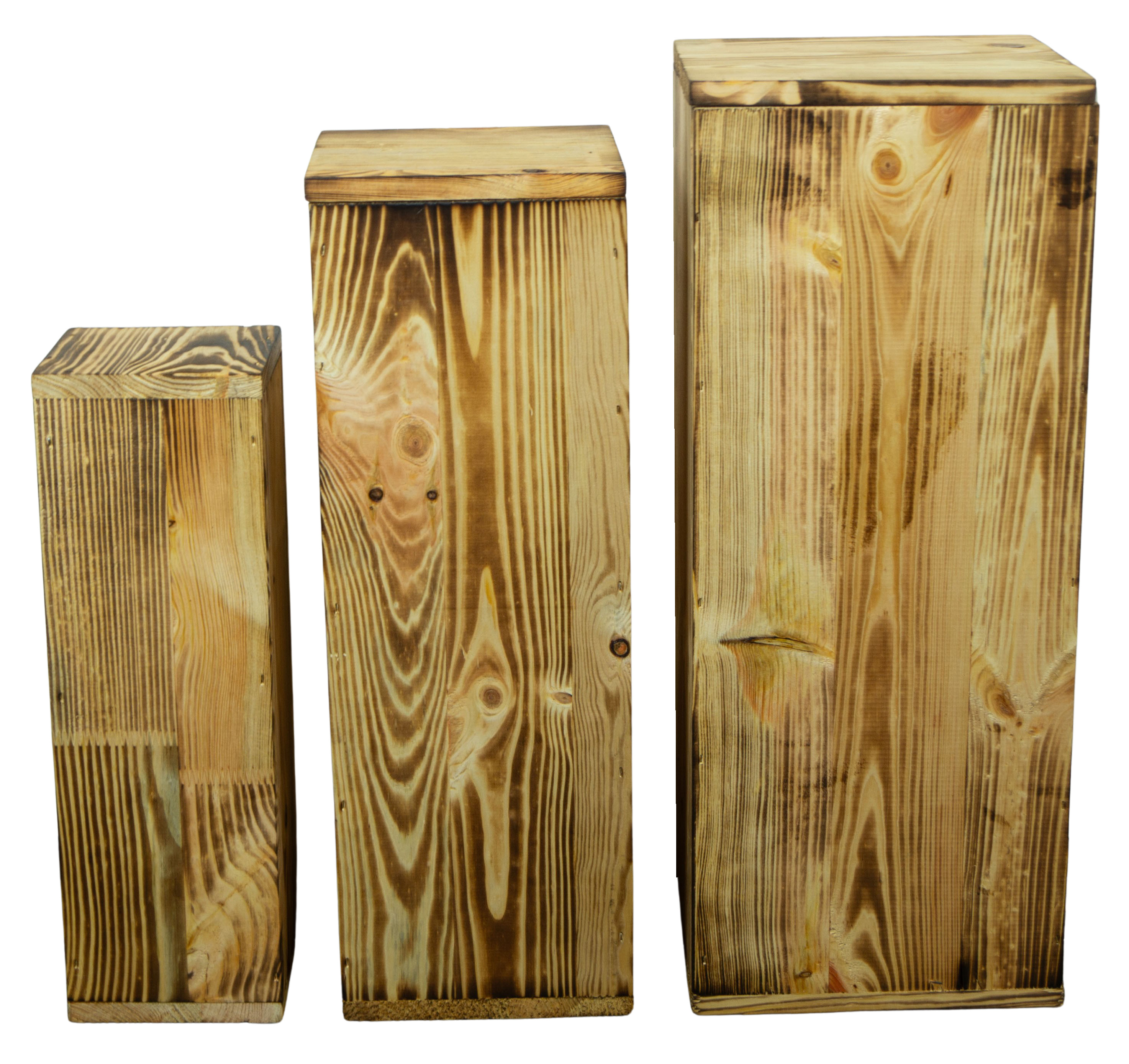 3er Set Dekosäulen viereckig in geflammt 24x24x60cm Holzblock Holzständer