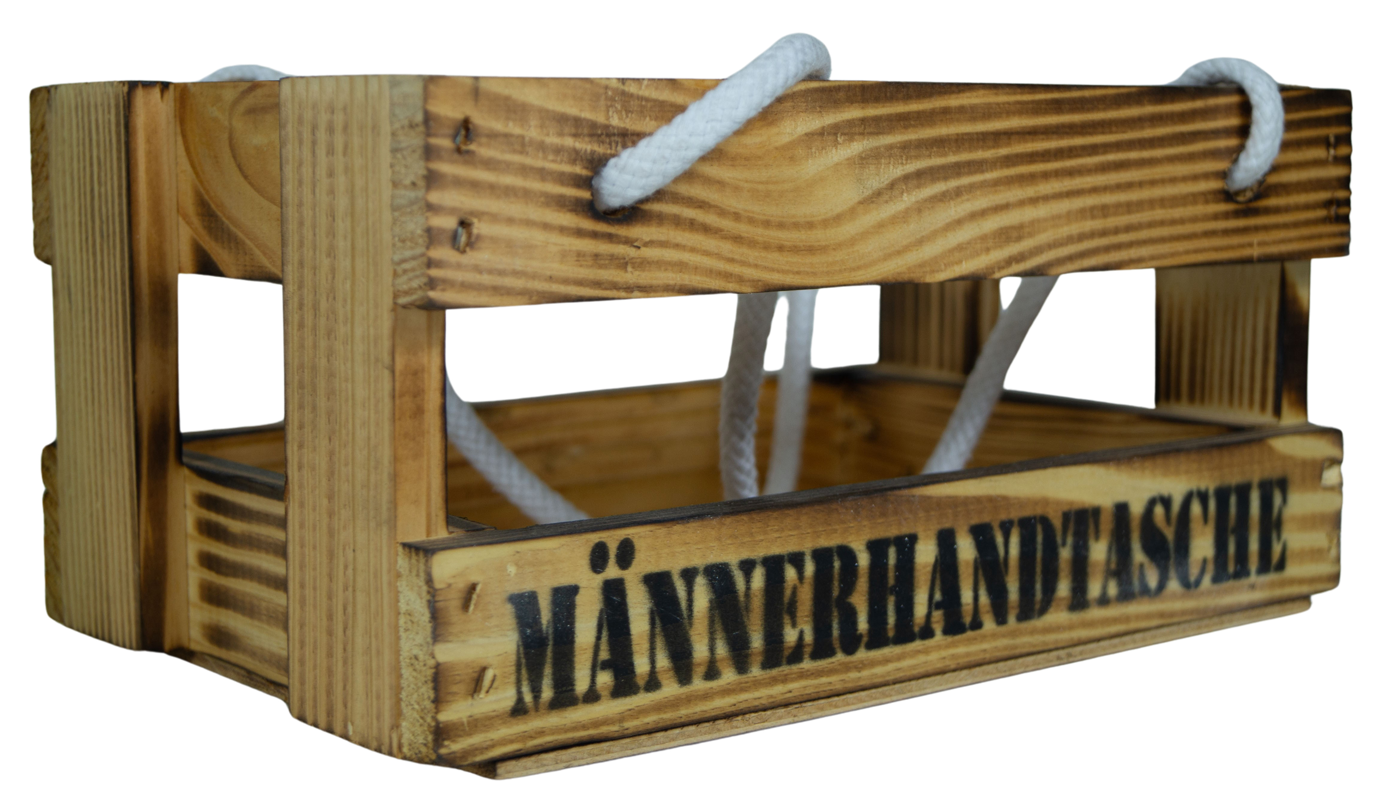 Holzkiste mit Griffbändern "Männerhandtasche" in geflammt mit Platz für bis zu 6 Getränke Bierkiste Bierträger Flaschenkiste