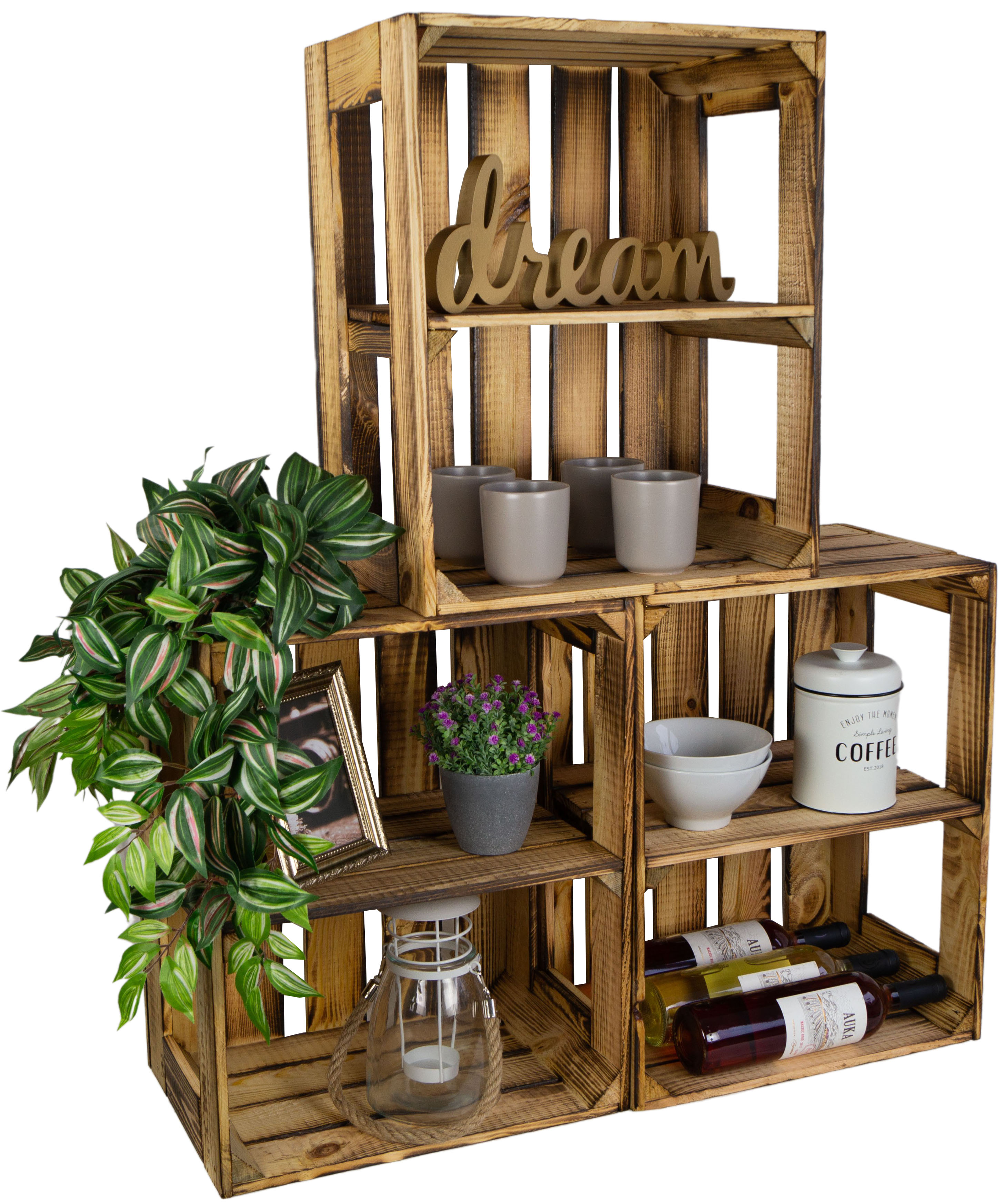 Coffret 3 pièces coffret étagère en bois Gerda flammé avec planche intermédiaire / médiane "Quer" (croix)