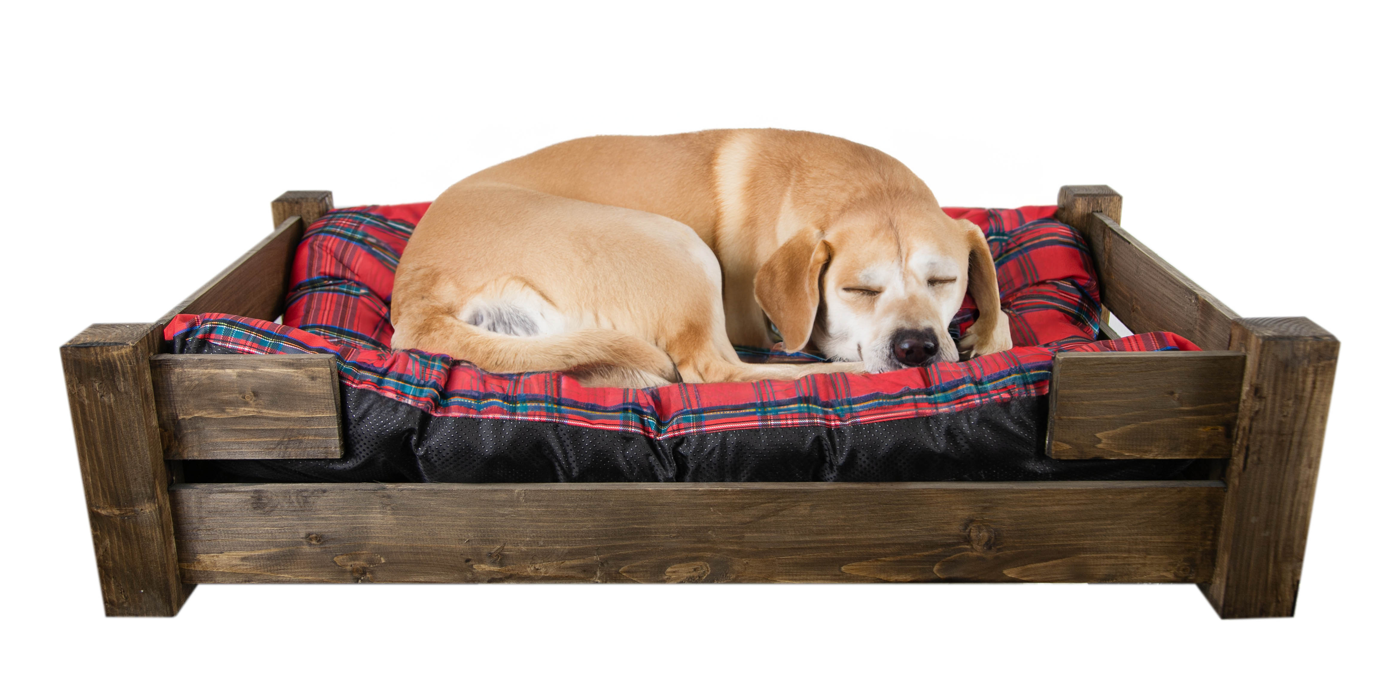 Hundebett Winston XXL Palisander mit Füßen mit rotem Kissen 100x60x25cm