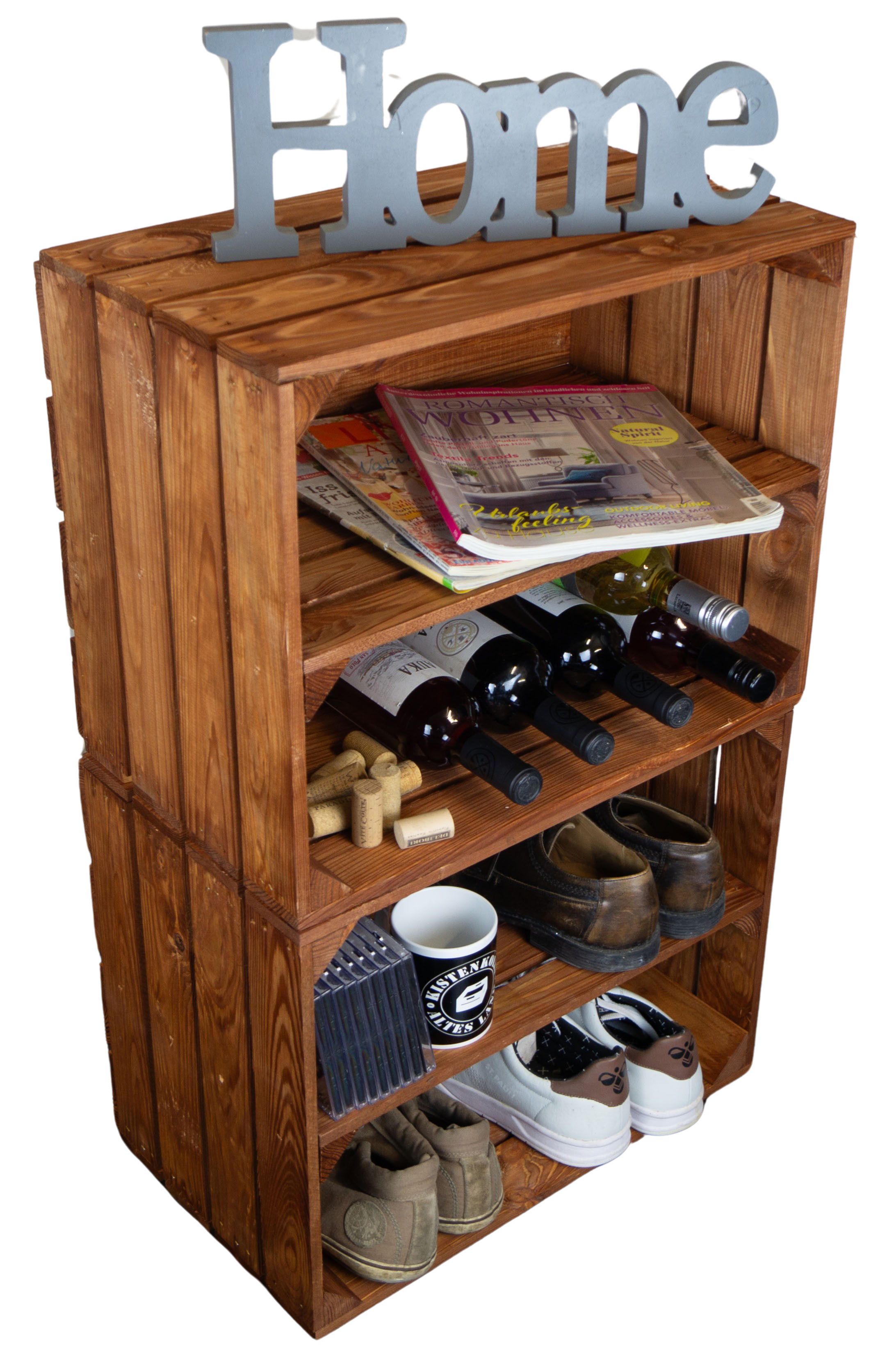 2er Set Holzkiste "Johanna" mit Mittelbrett längs lasiert in ocker 50x40x30cm Schuhregal Holzkiste Weinkiste Apfelkiste Regalkiste