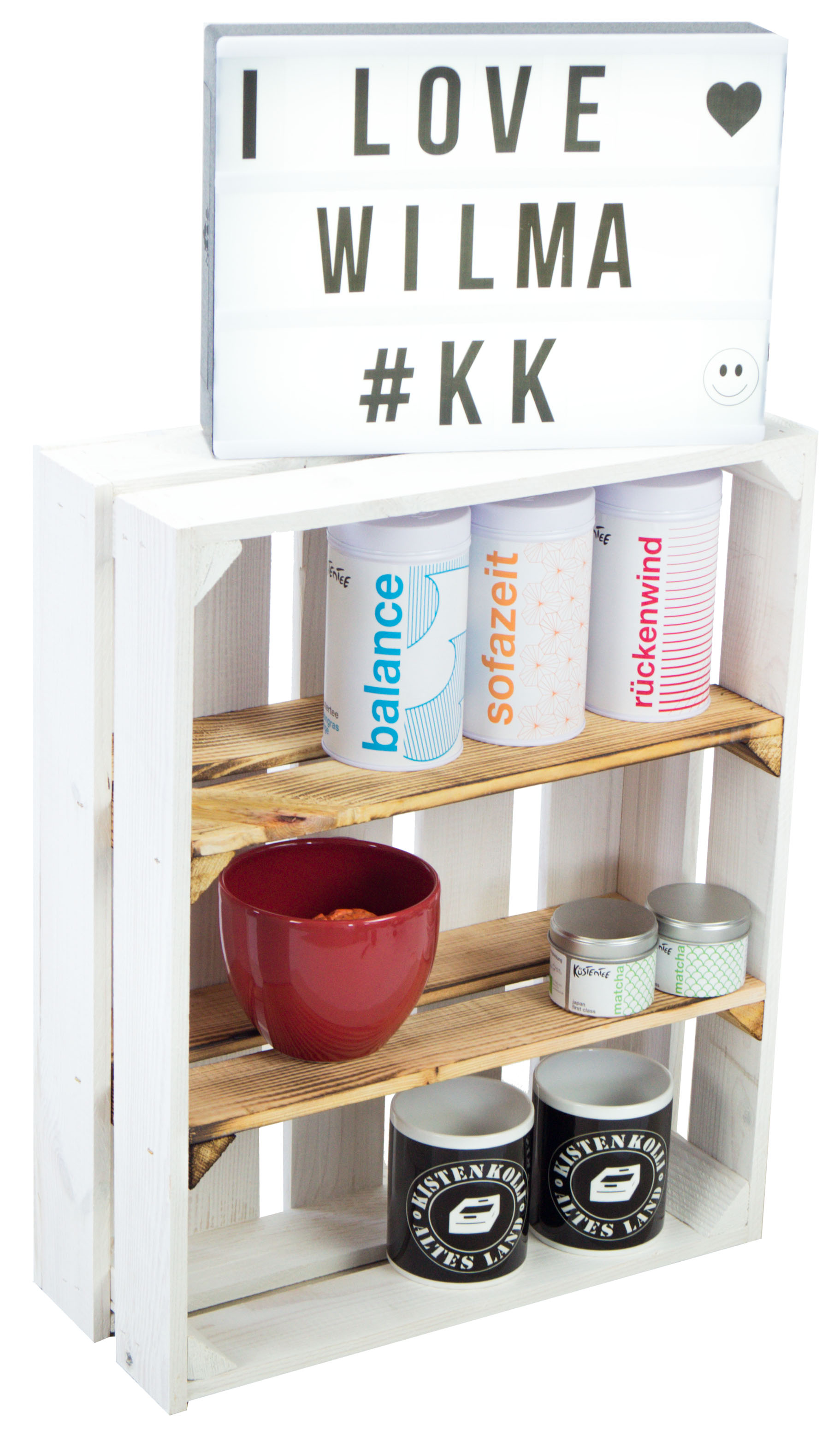 flaches Obstkistenregal "Wilma" weiß mit geflammten Mittelbrettern