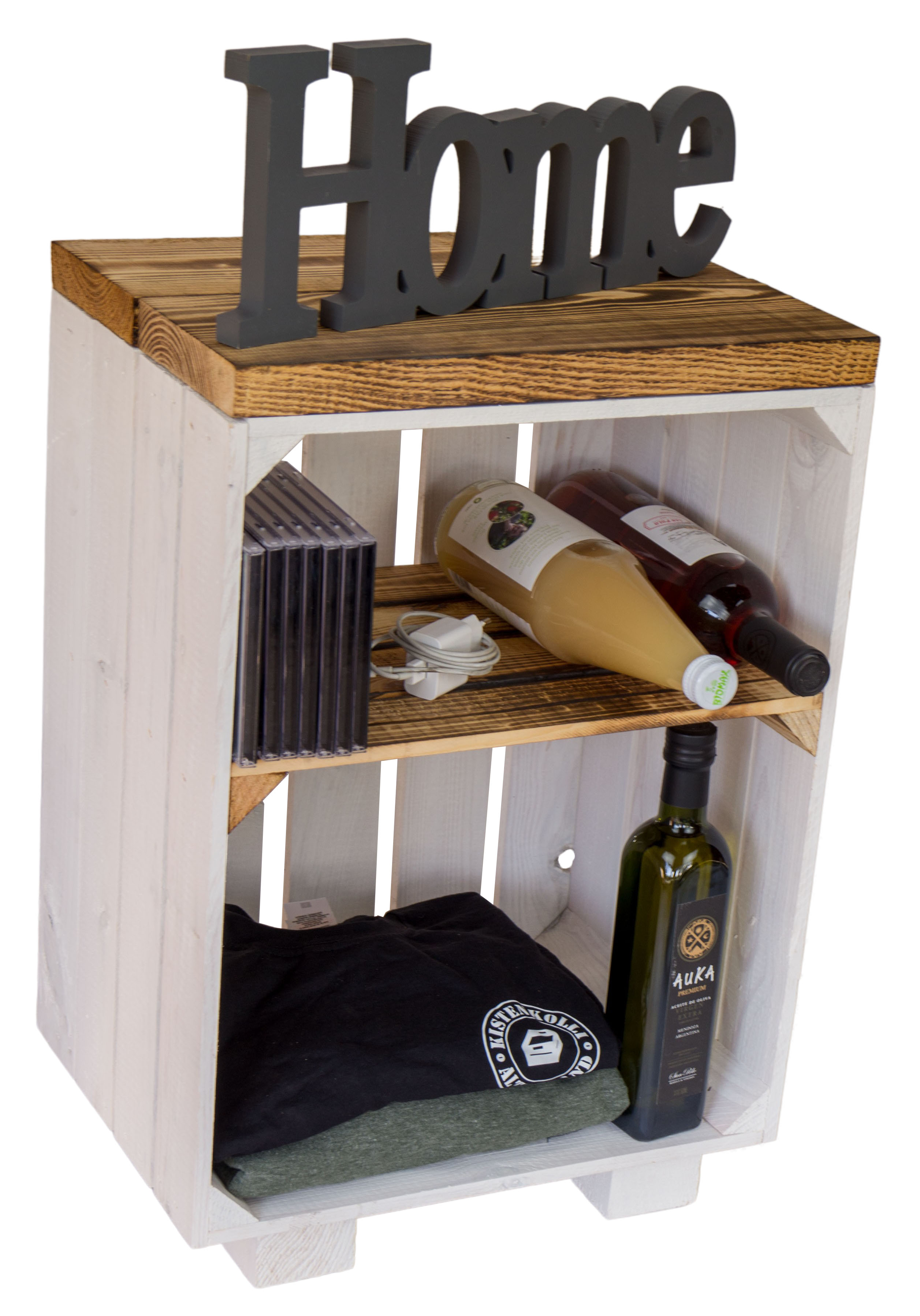 Nachttisch weiss  mit geflammten Holzplanken mit Mittelbrett geflammt