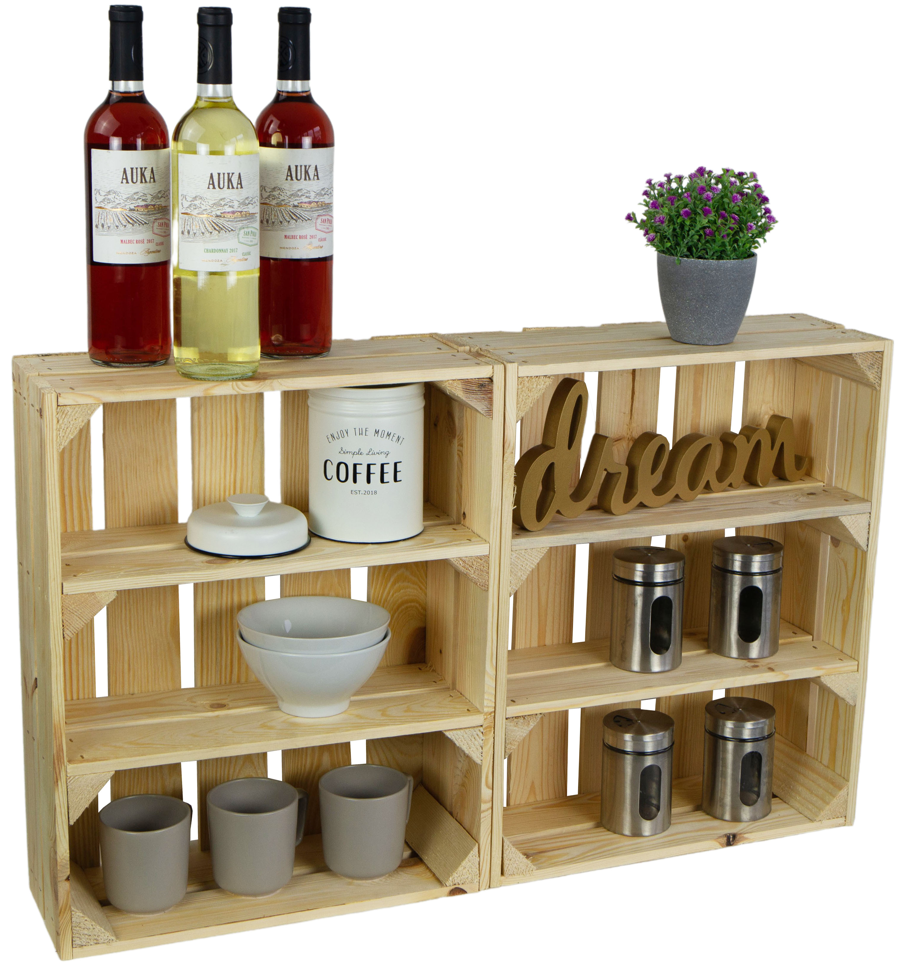 2er Set flaches Obstkistenregal Wilma Natur Gewürzregal Aufbewahrungskiste Wandregal Weinkiste Obstk