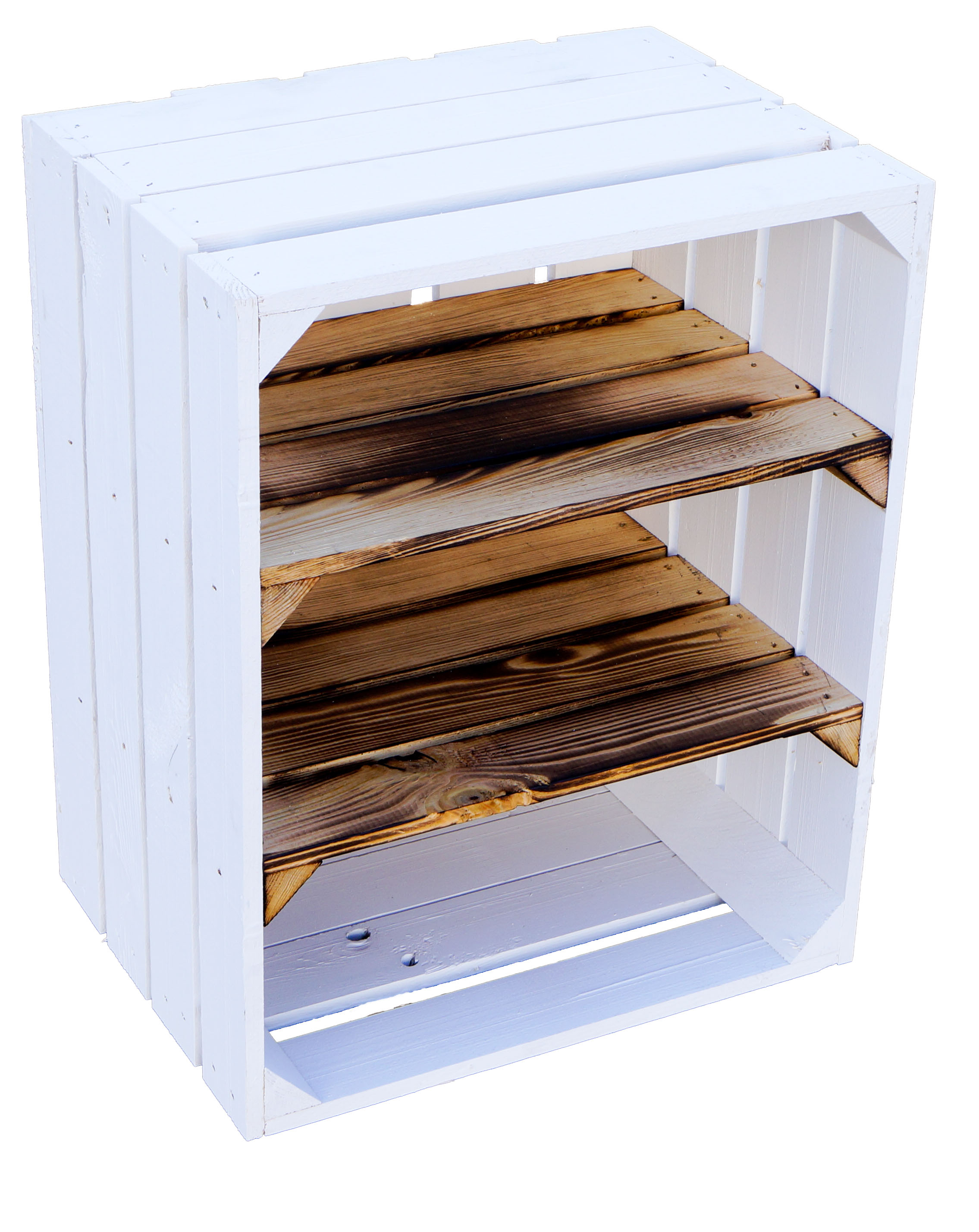 Obskistenregal  "Johanna" weiß  mit zwei Mittelbrettern geflammt quer