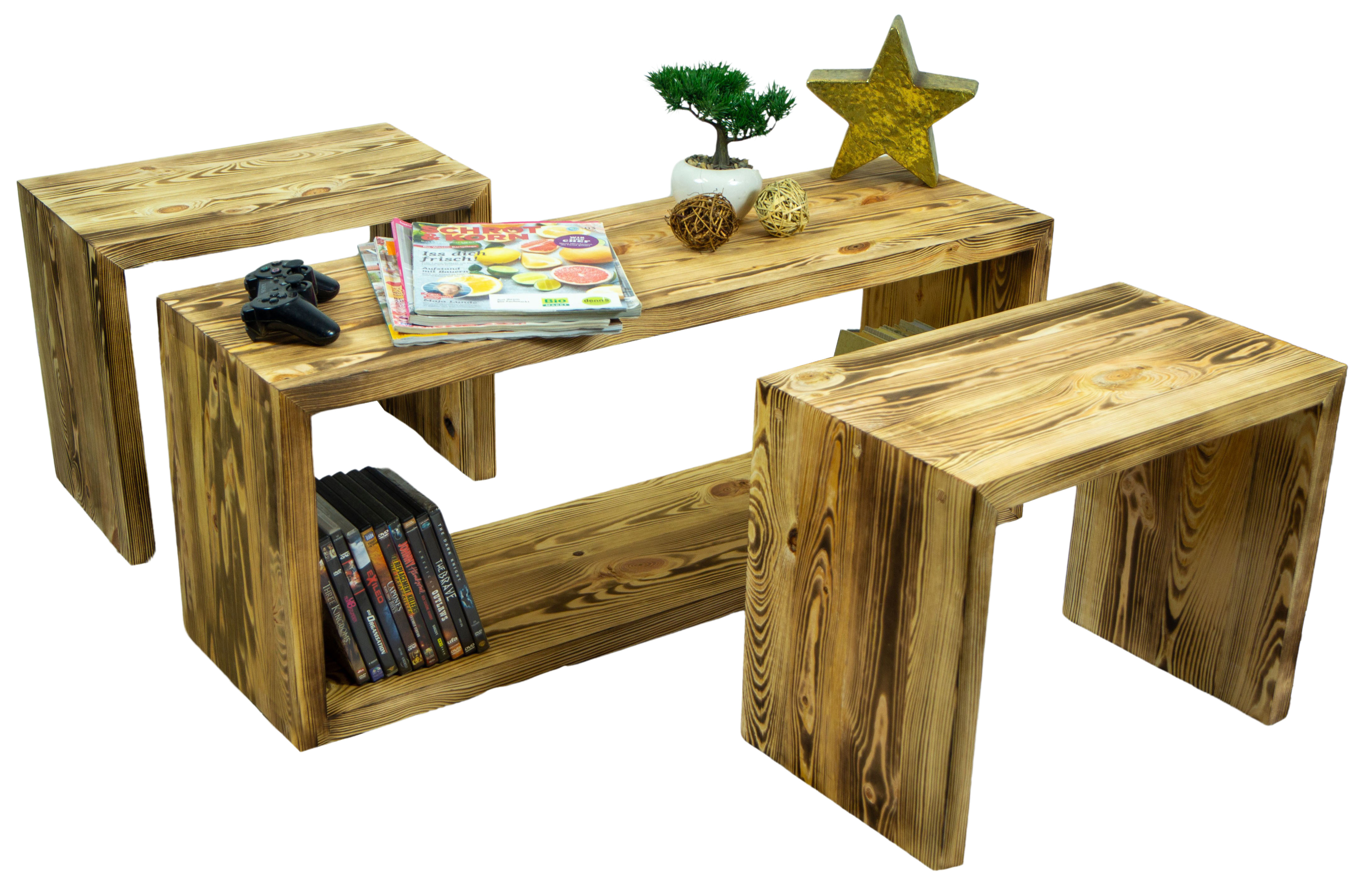 Vintage Tisch mit 2 Sitzhockern in geflammt