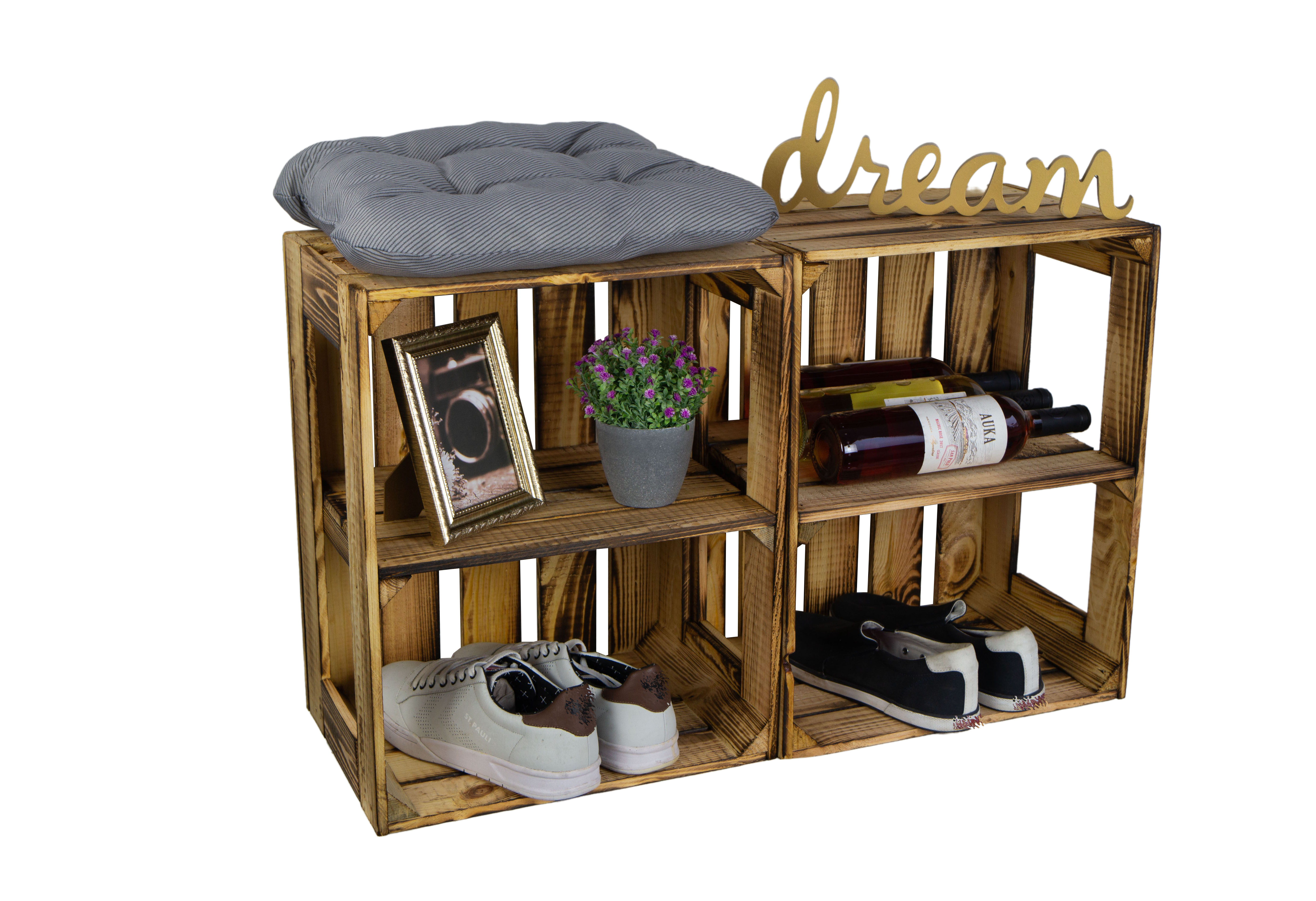 Coffret 3 pièces coffret étagère en bois Gerda flammé avec planche intermédiaire / médiane "Quer" (croix)