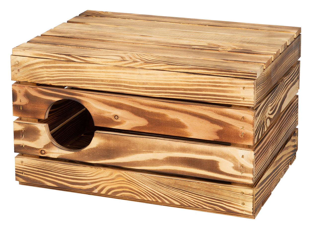 Katzenhöhle in geflammtem Holz mit Kissen 50x40x30cm
