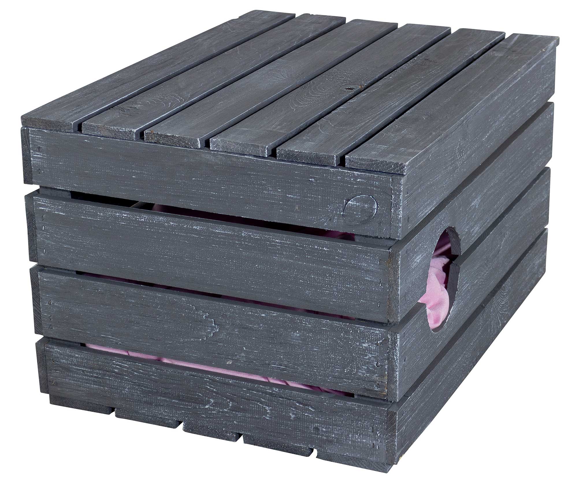 Große Katzenhöhle Shabby Schwarz Holz mit Kissen 60x45x35cm