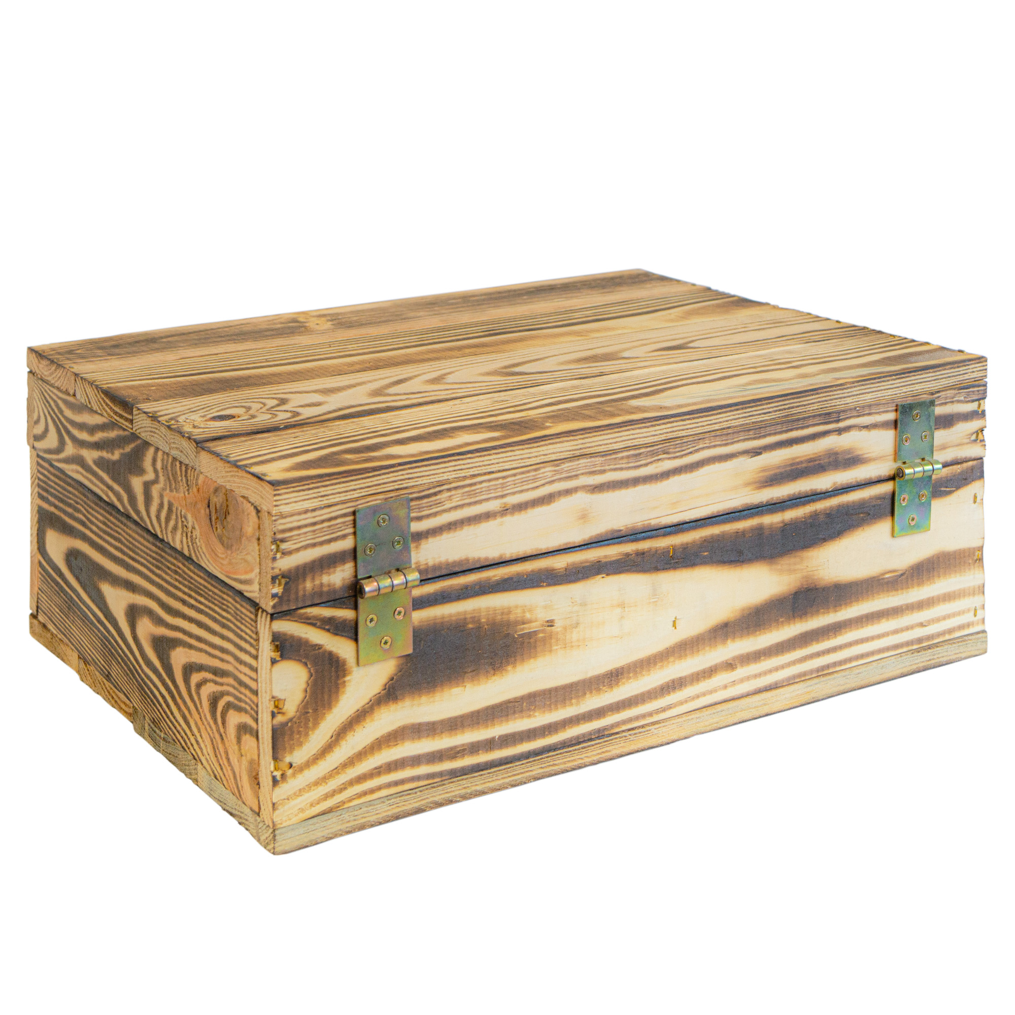 Rustikale Holztruhe mit Löwenkopfgriff – 40 x 30 x 16 cm | Schatztruhe aus Massivholz Geflammt
